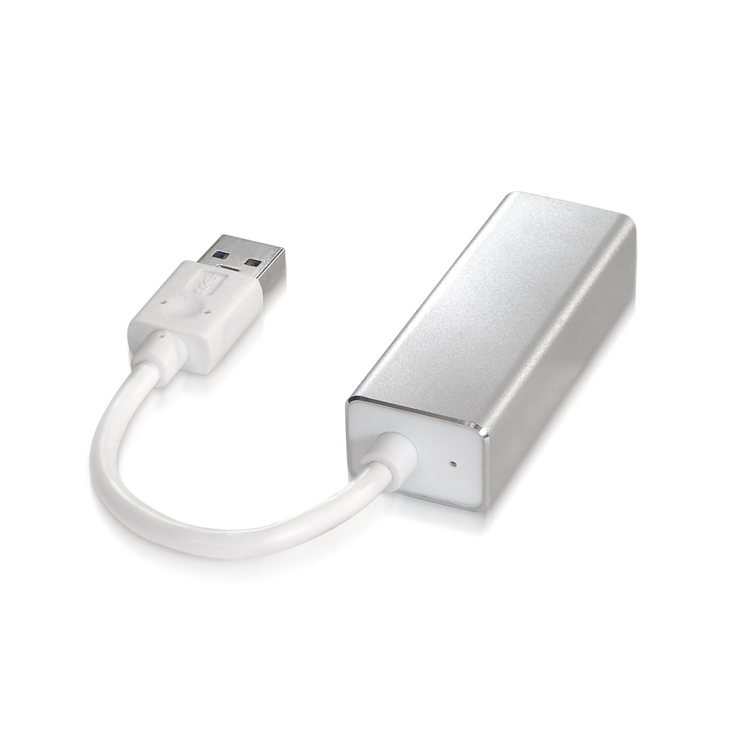 Adaptador rectangular plateado con cable USB blanco conectado. Fondo blanco, vista en ángulo.