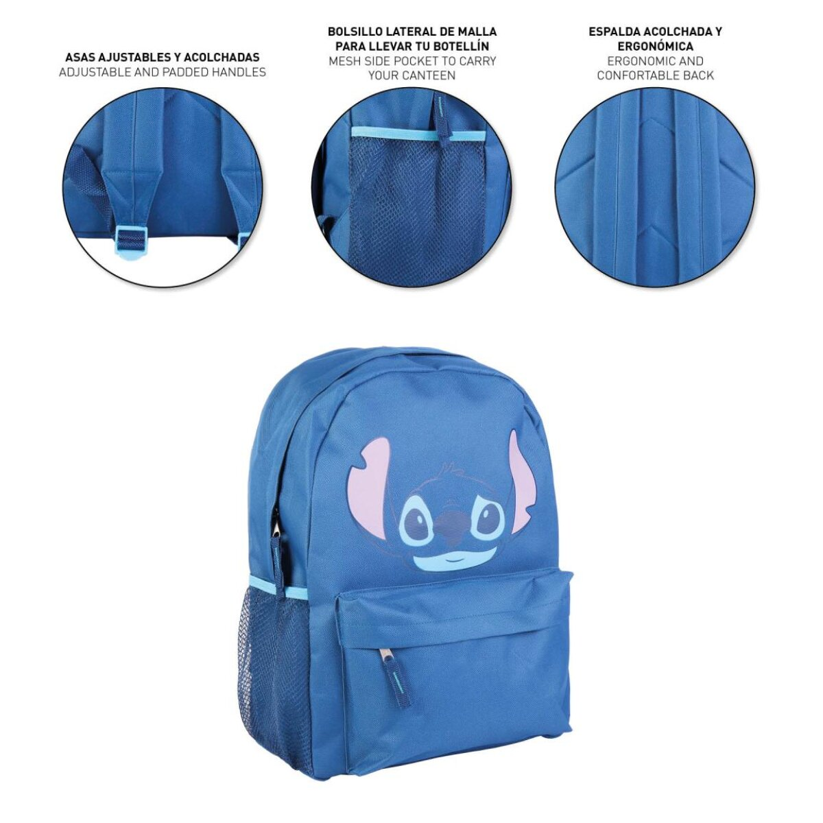 Mochila azul con Stitch de Lilo y Stitch, correas ajustables y bolsillos laterales.