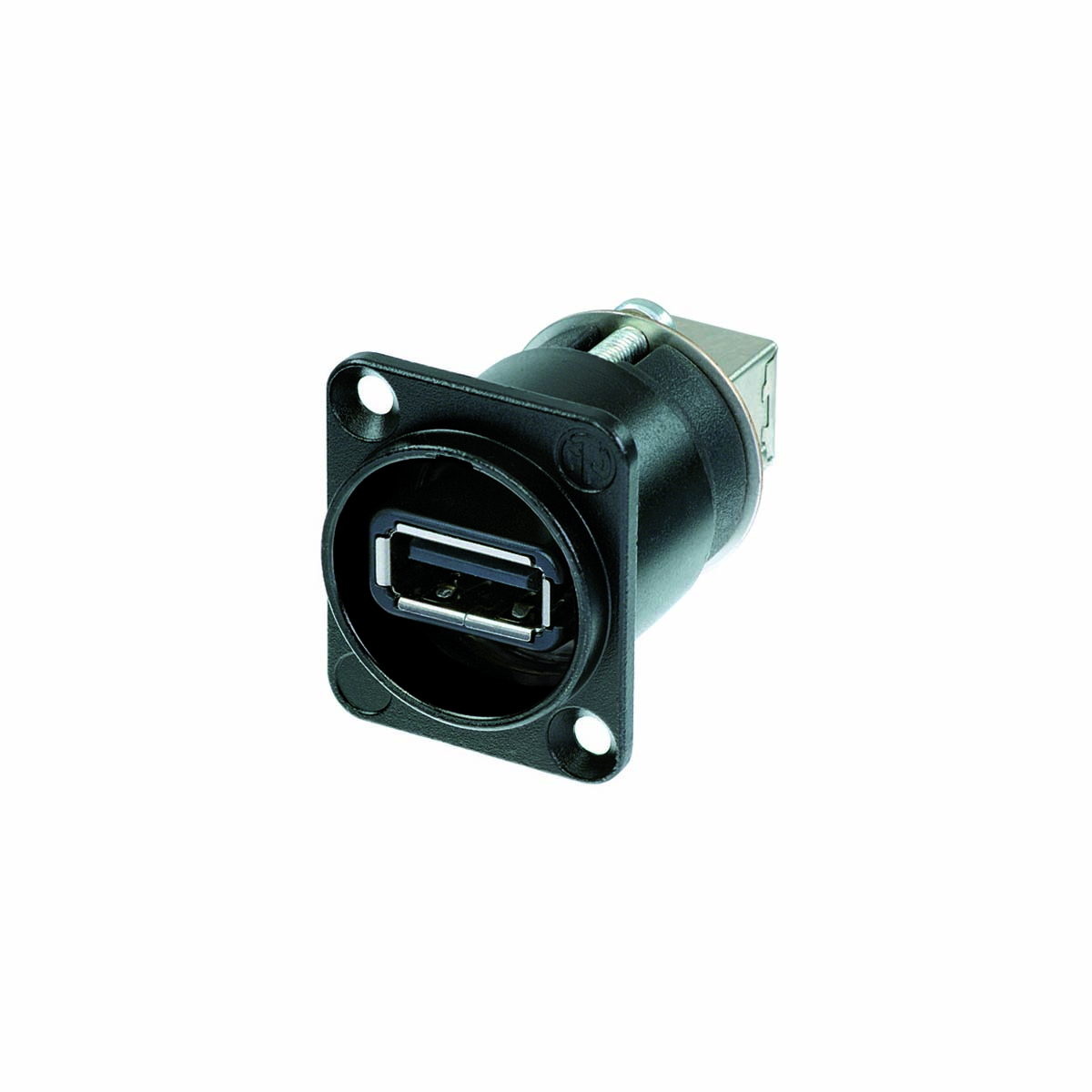 Una porta USB nera con una cornice di montaggio quadrata.