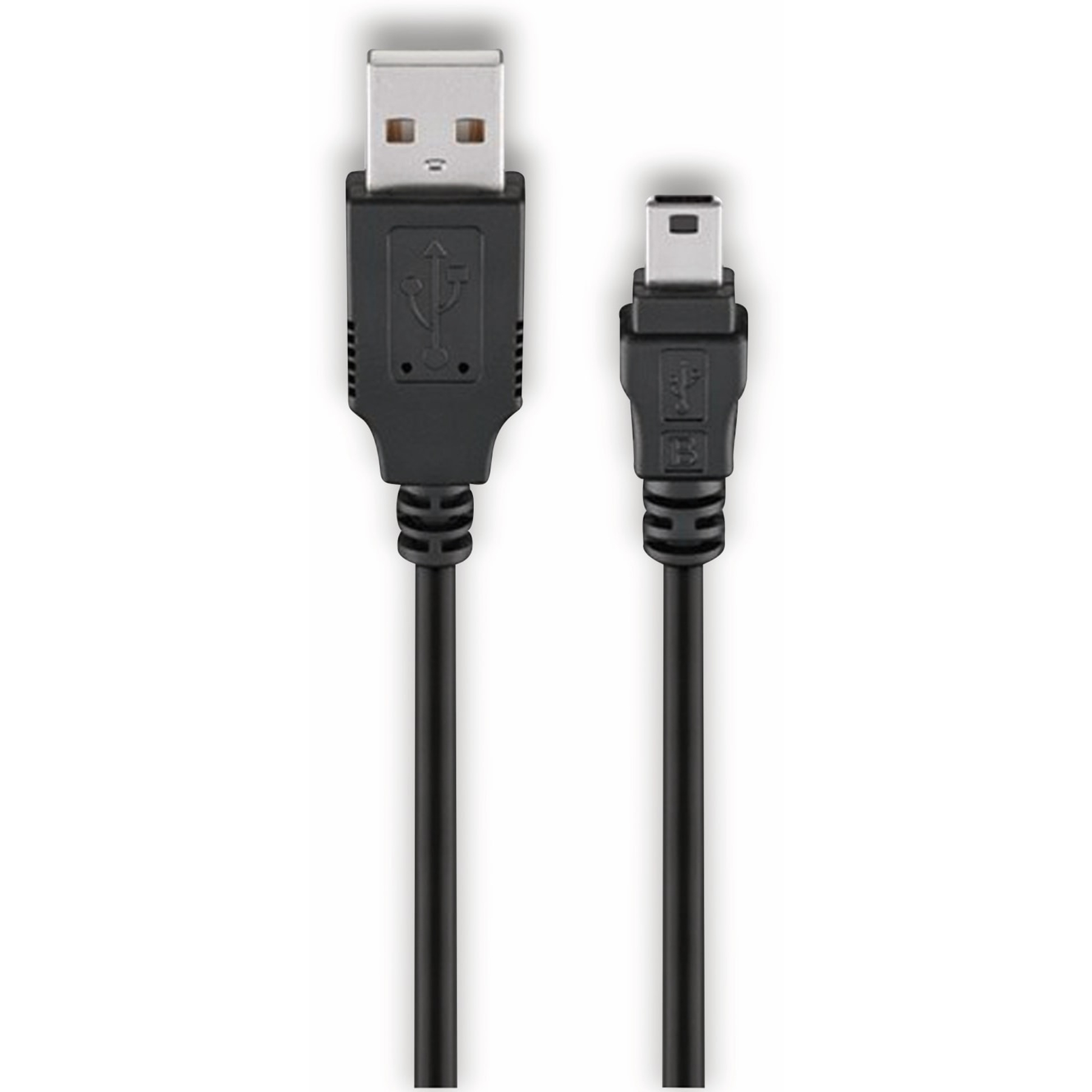 Cable USB negro con un conector USB-A y un mini-USB. Fondo blanco.