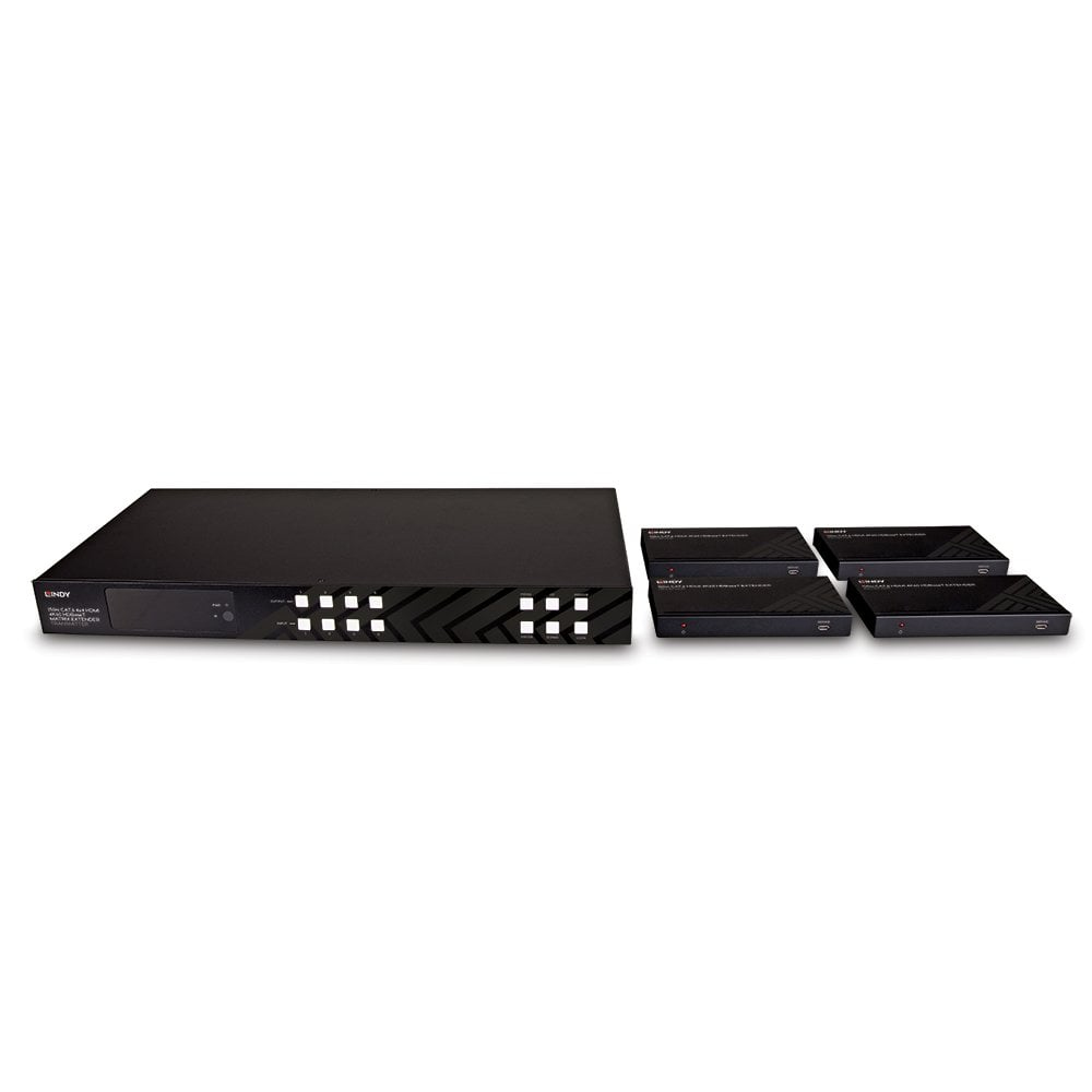 Dispositivo de red negro con cuatro dispositivos más pequeños. Todos están sobre un fondo blanco.