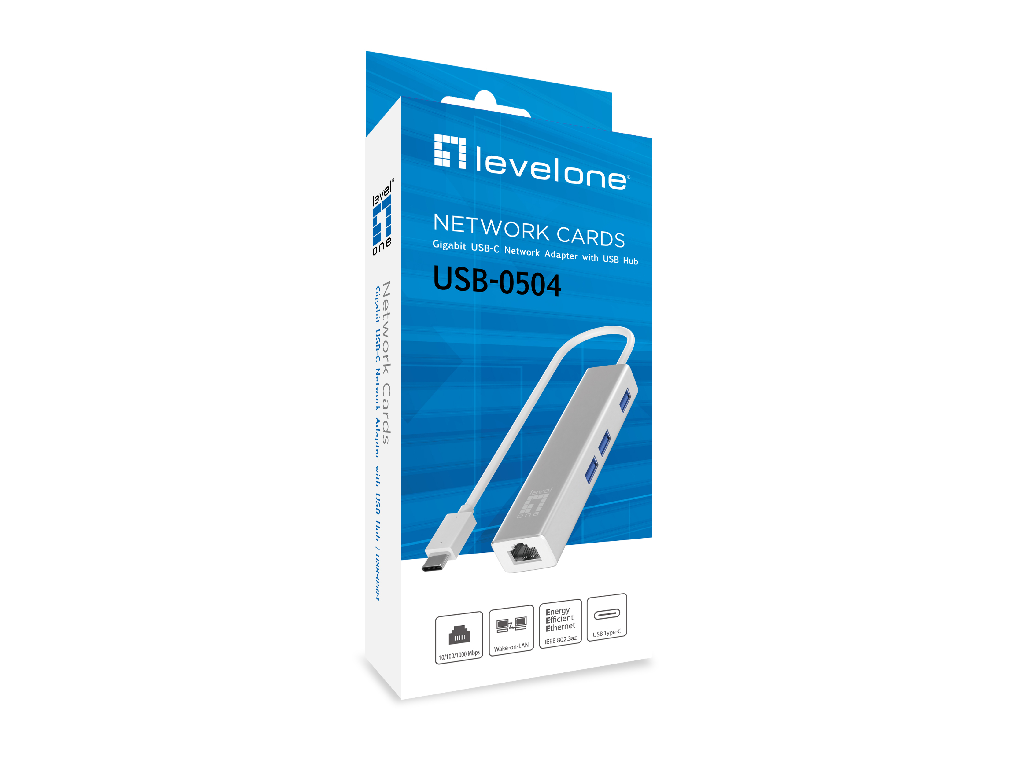 Adaptador de red en caja con concentrador USB. Fondo blanco.