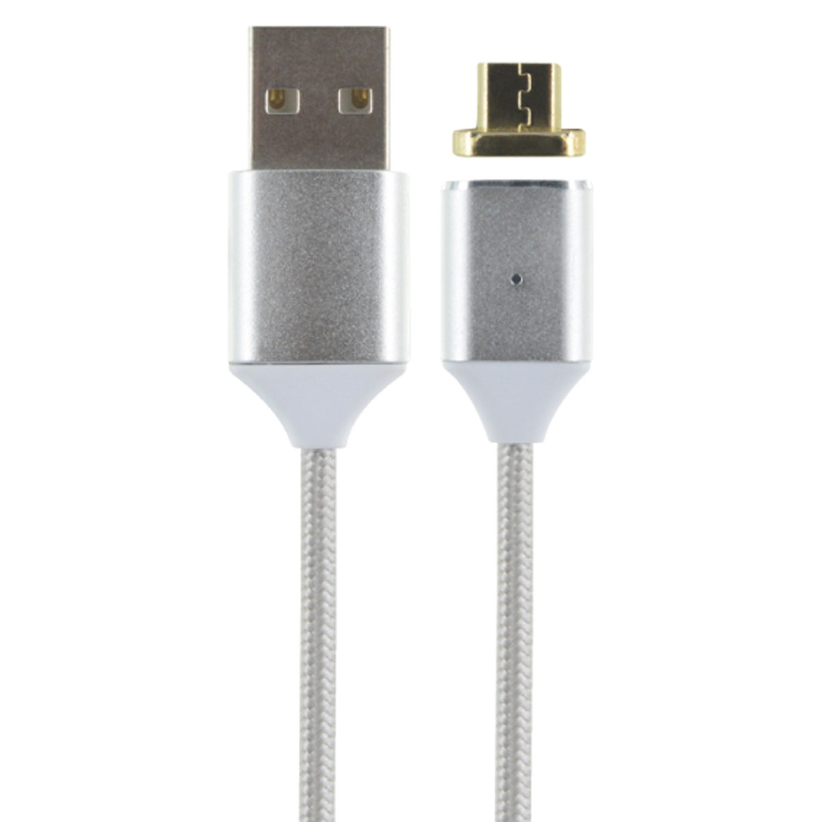 Cavo USB grigio con connettori magnetici. Un'estremità è USB-A, l'altra è micro-USB.