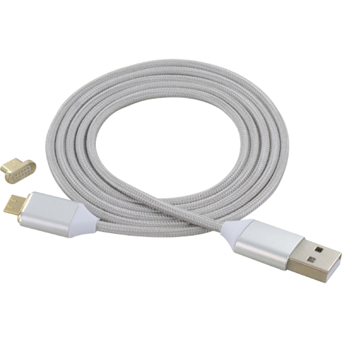 Cavo USB grigio con connettore magnetico. Un'estremità è USB-A, l'altra è micro-USB.