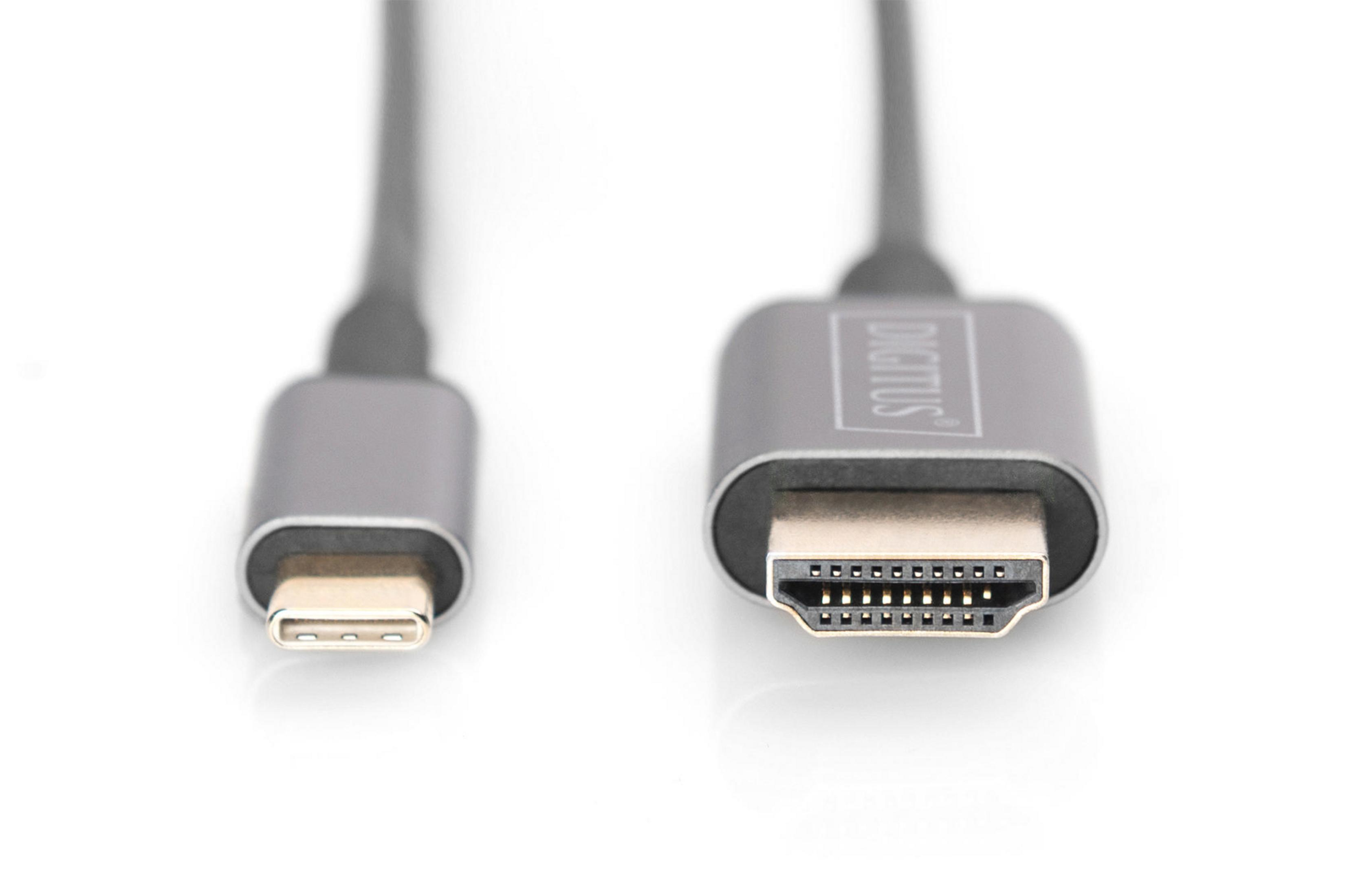 Cable USB-C a HDMI con conectores gris oscuro sobre fondo blanco.
