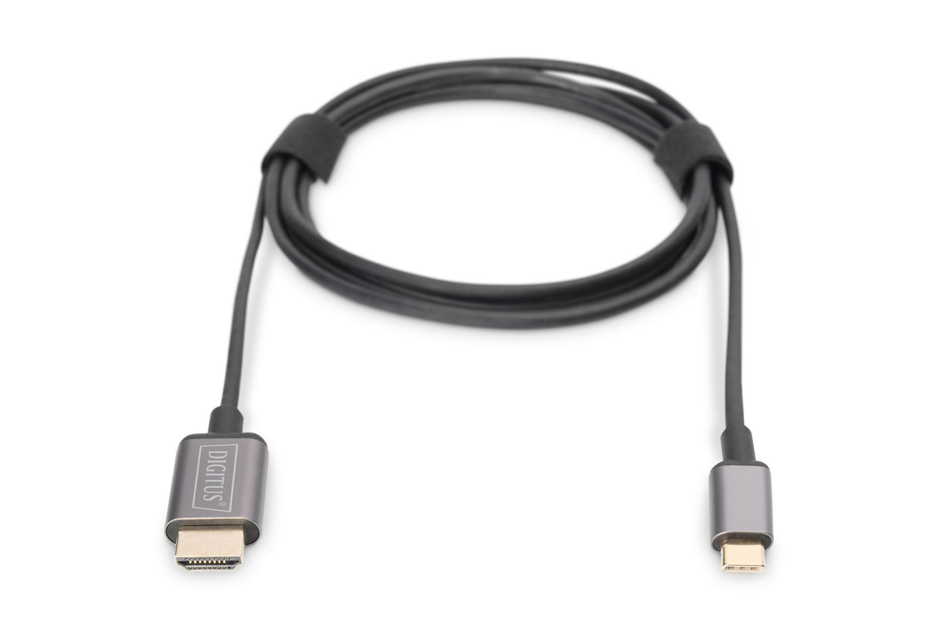 Un cable USB-C a HDMI enrollado con la marca Digitus, sobre un fondo blanco.