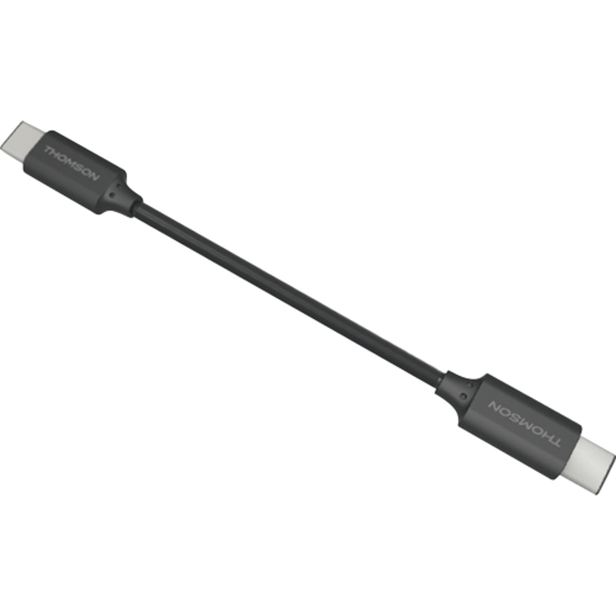 Cable USB-C Thomson negro. Ambos conectores son USB-C, con el logo Thomson.