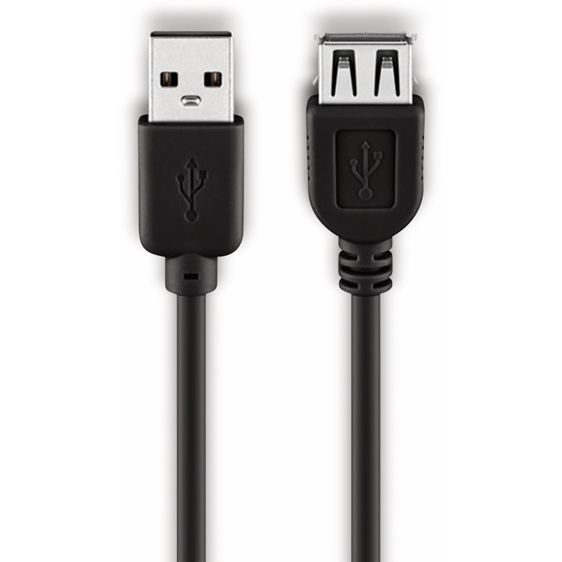 Cavo USB-A a USB-A nero con connettori a ciascuna estremità, su sfondo bianco.