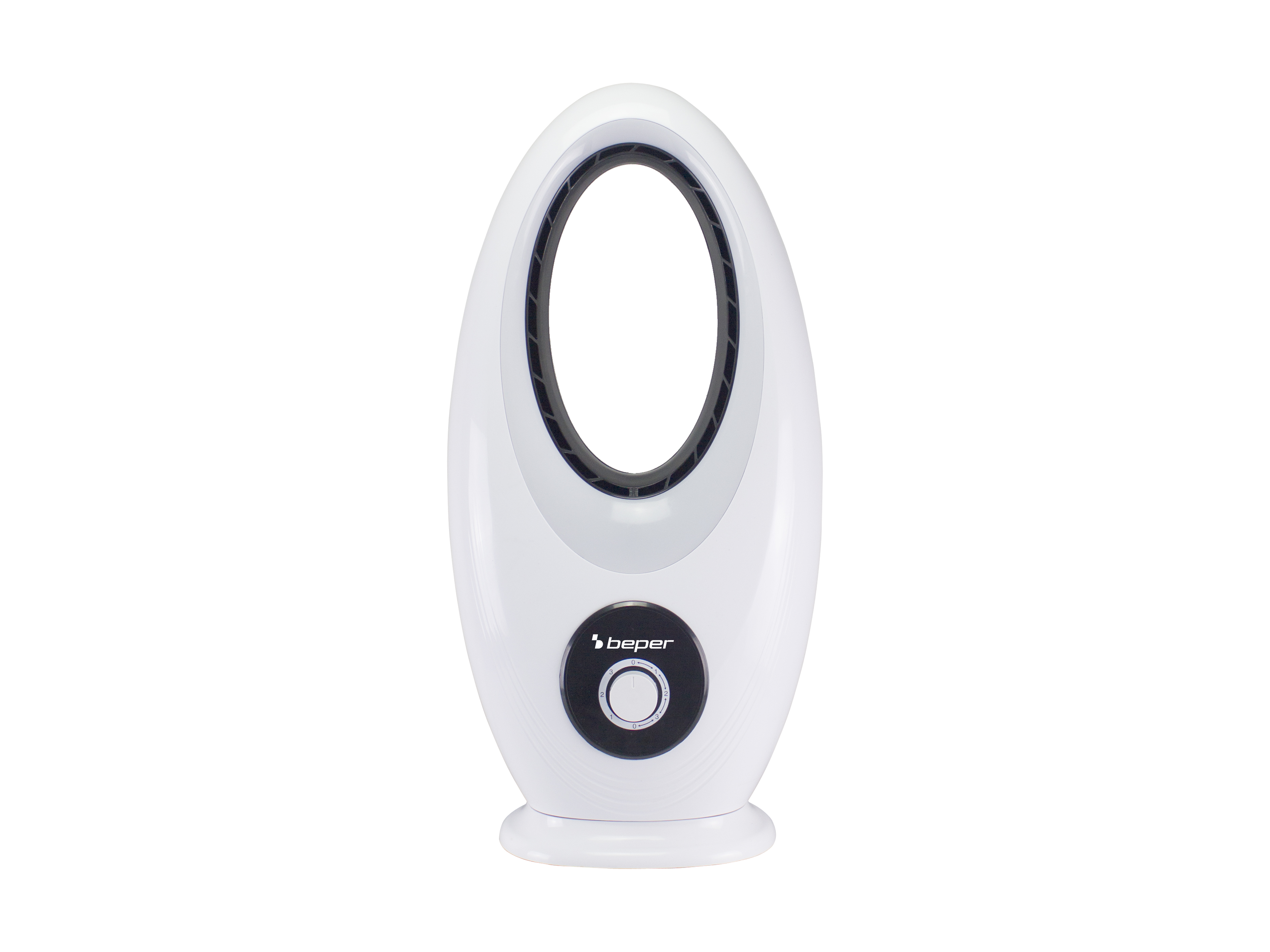 Ventilatore ovale bianco e nero, con un quadrante e un logo beeper sul davanti.
