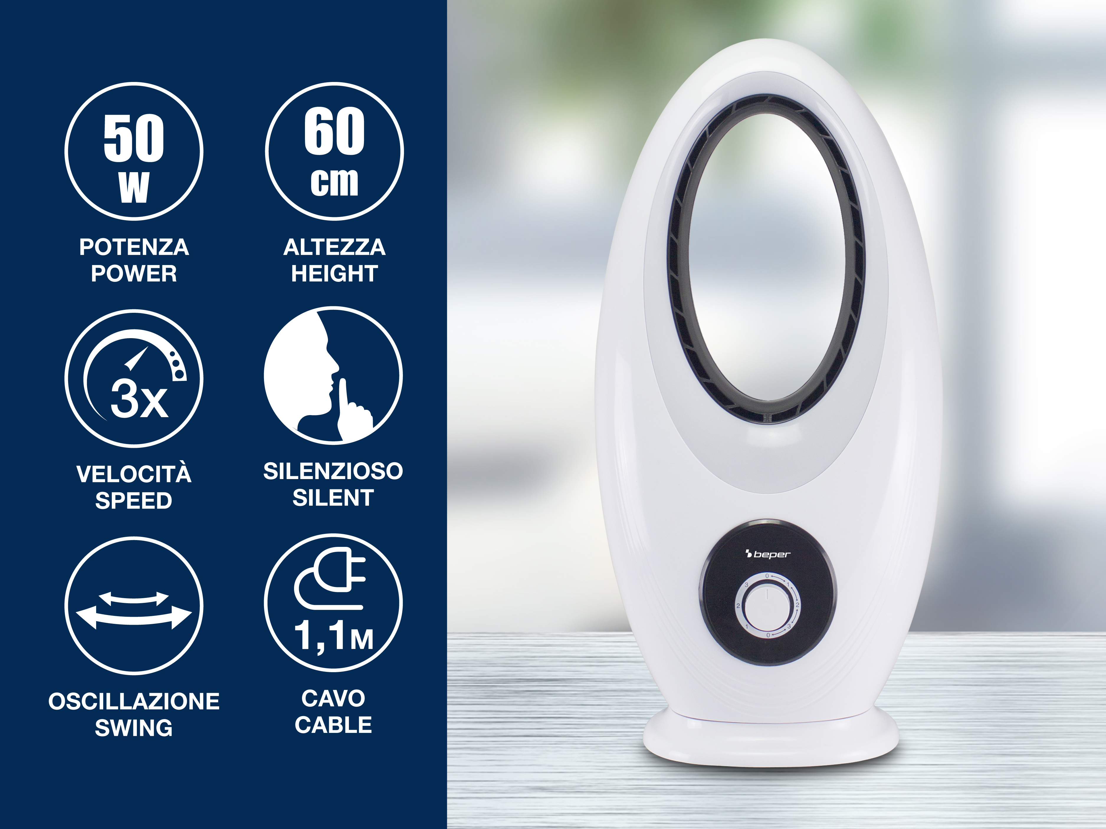 Ventilatore senza pale bianco con icone delle funzioni, specifiche e sfondo bianco.
