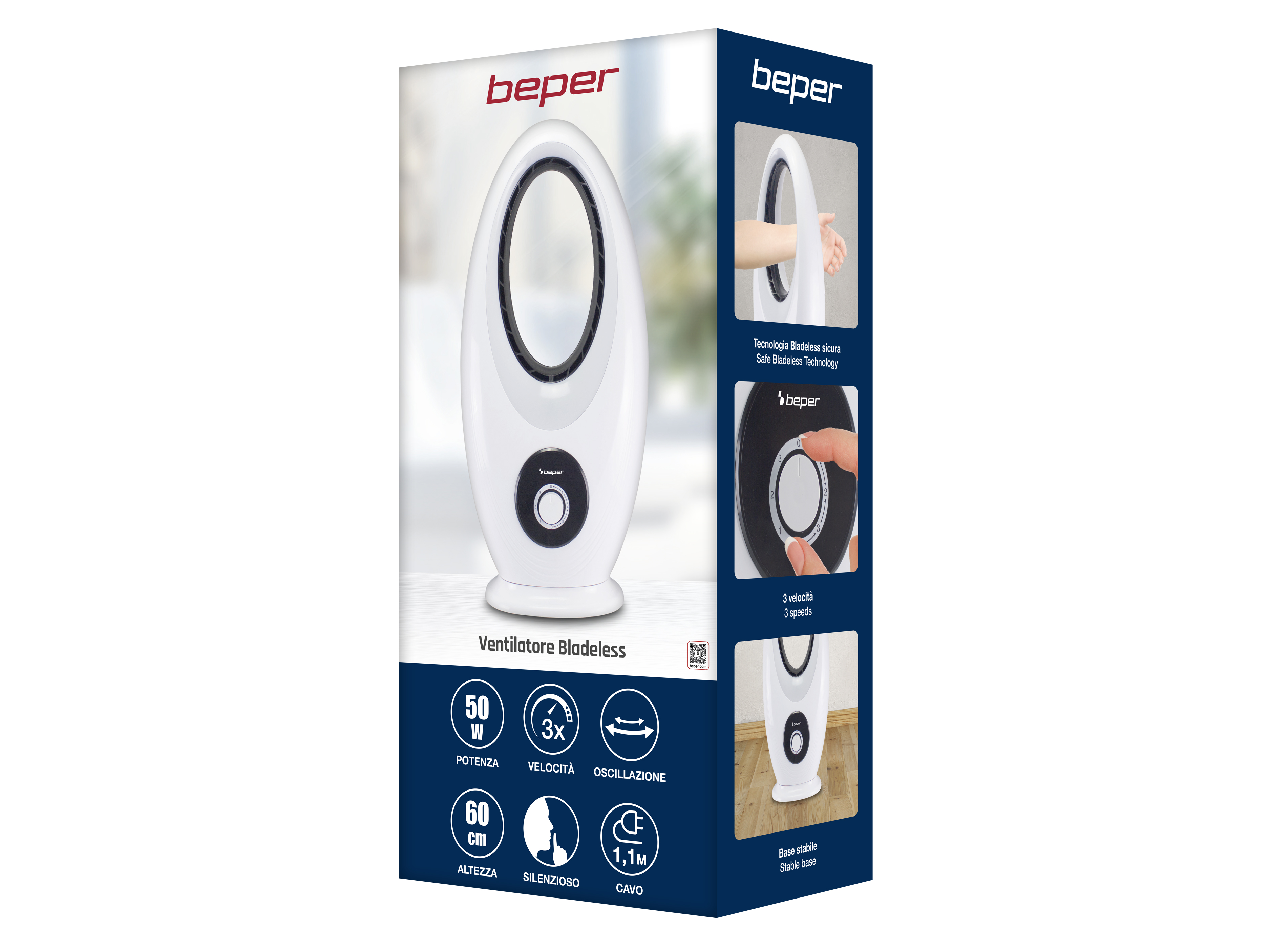 Ventilatore senza pale Beper in scatola, con immagini del prodotto e specifiche con icone.
