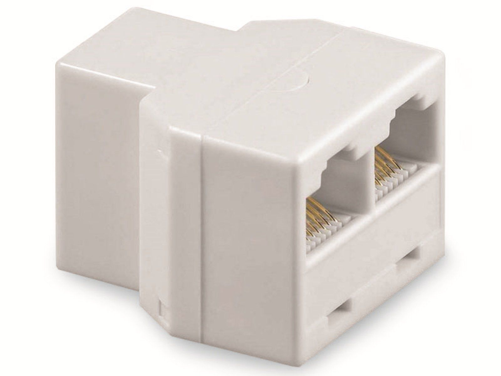 Divisor de línea telefónica blanco con dos puertos RJ11. Tiene forma rectangular.