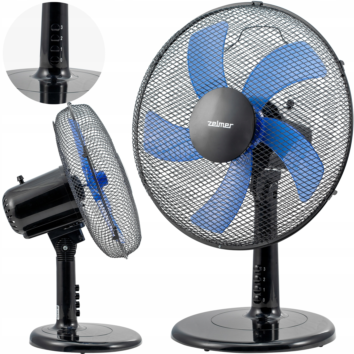 Deux ventilateurs, avec une base noire et des pales bleues. L'un montre les réglages de vitesse.