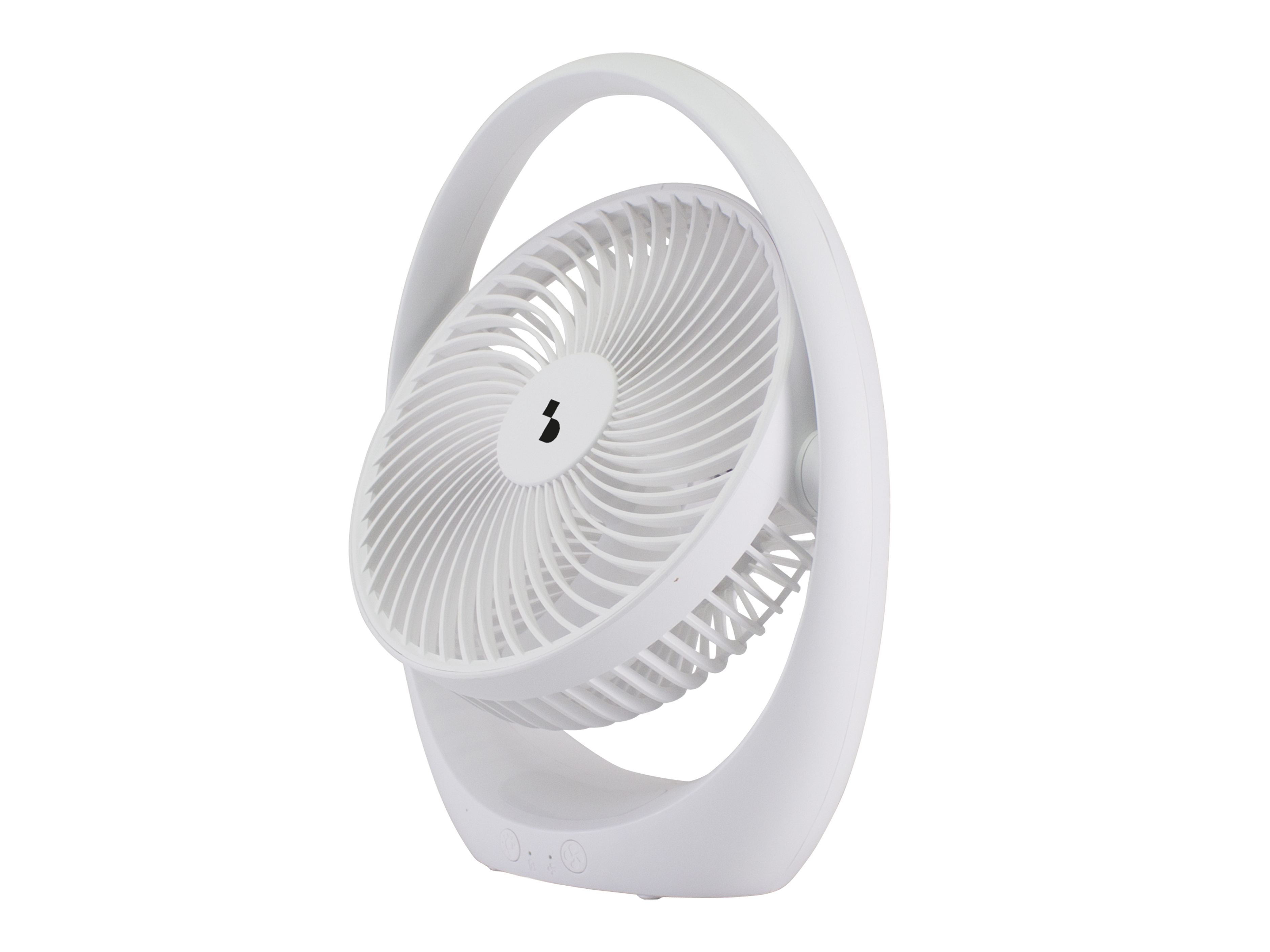 Un ventilatore da scrivania bianco con un design rotondo. Ha una base e una maniglia circolari. La ventola è angolata.