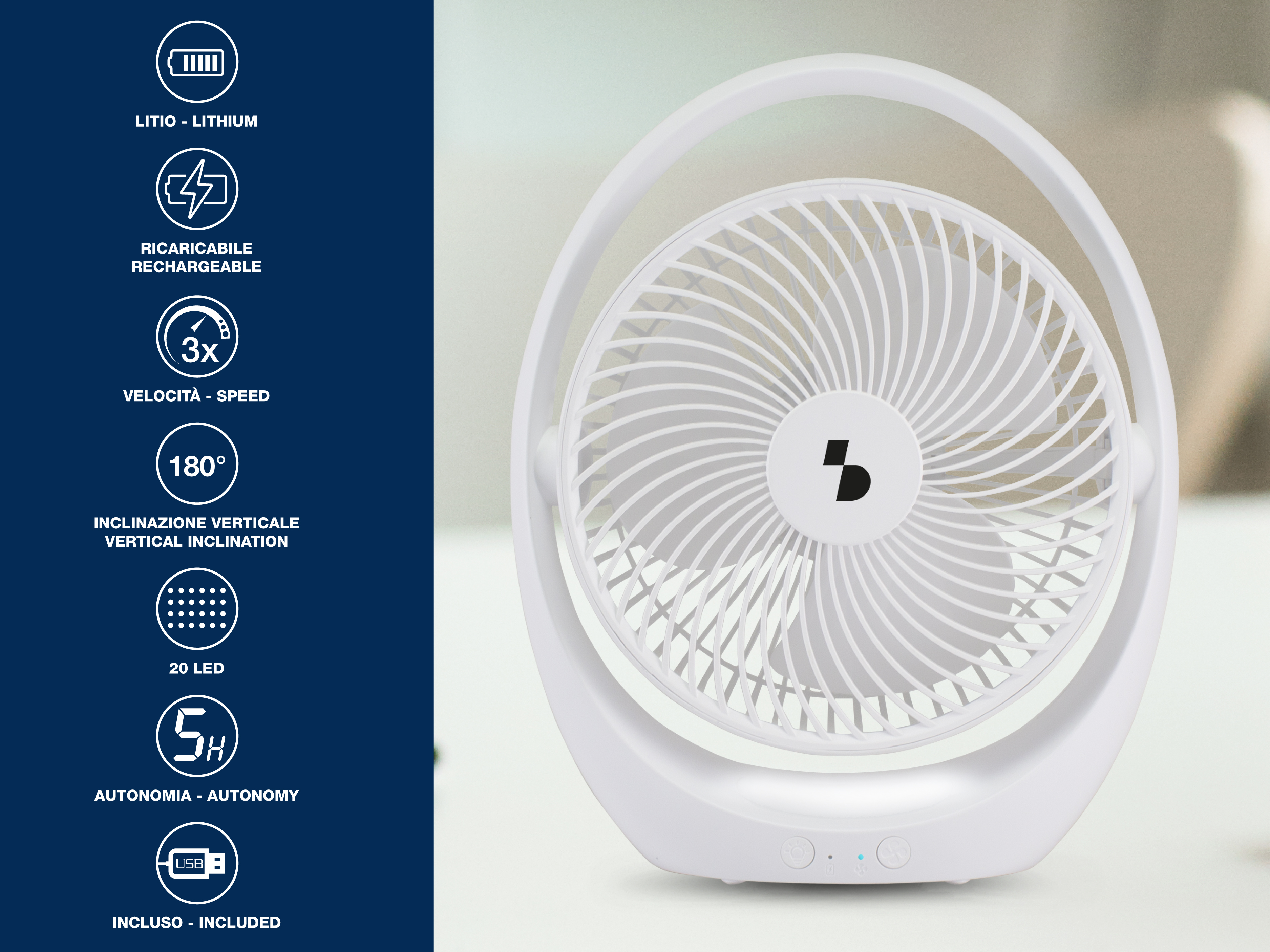 Un ventilatore da scrivania bianco con un design rotondo. Ha una base e una maniglia circolari. Vengono visualizzate varie icone.