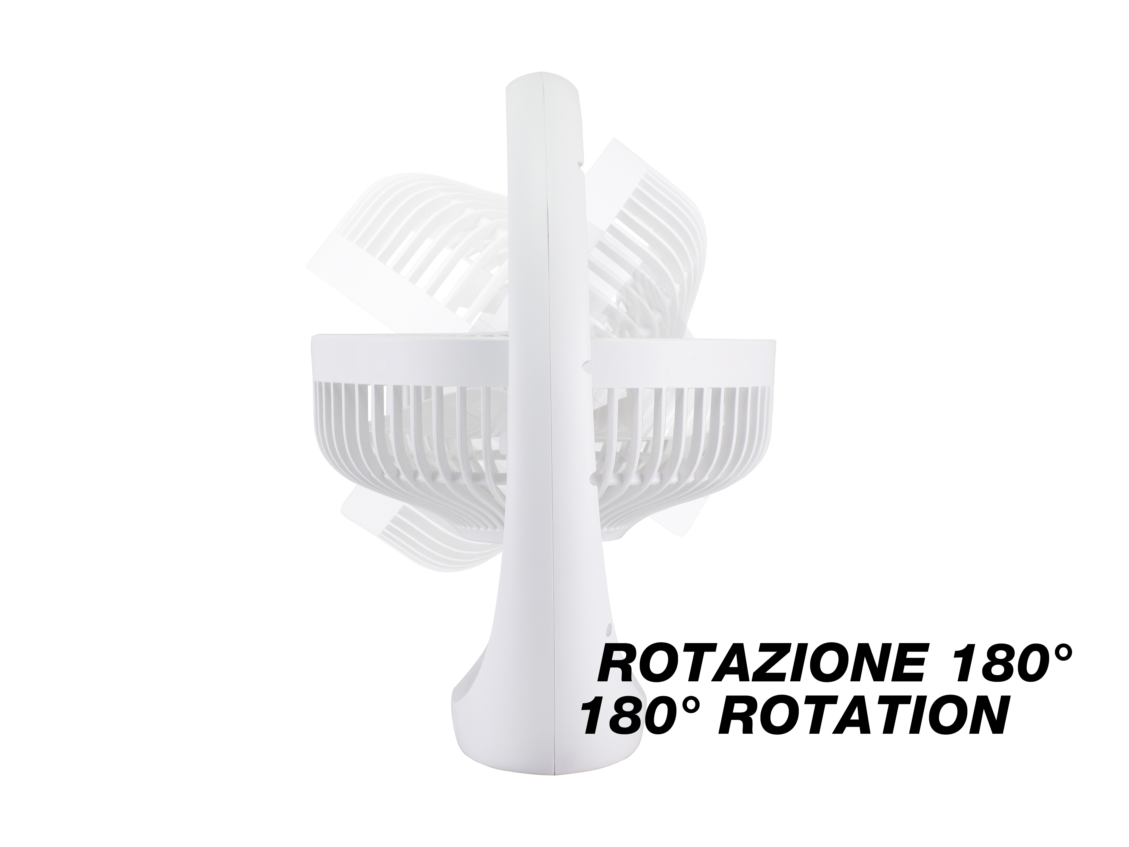 Un ventilatore bianco ruotato di 180 gradi. Il testo indica una rotazione di 180 gradi.
