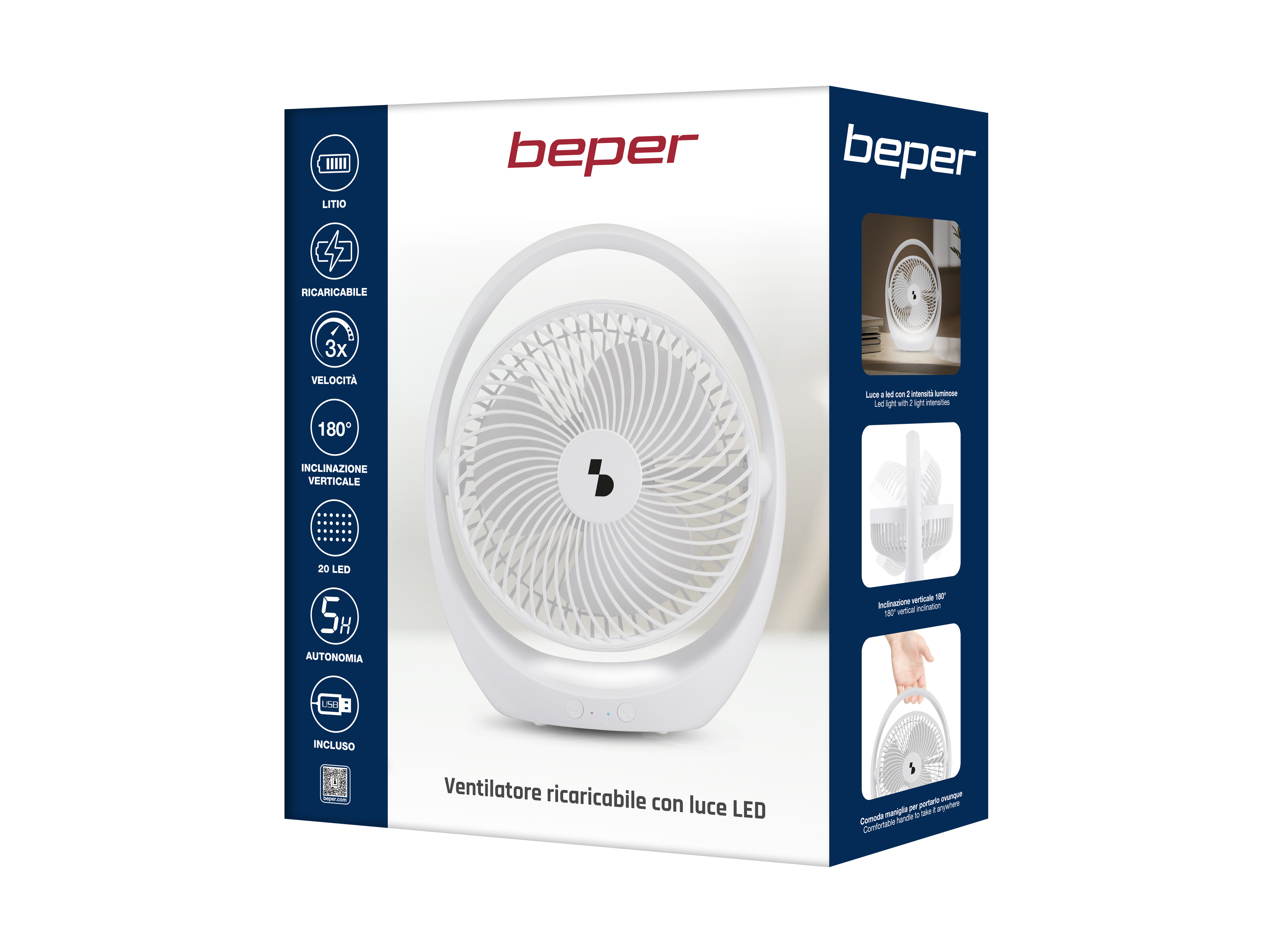 Una scatola bianca con un ventilatore da scrivania bianco all'interno. La scatola presenta testi e immagini.