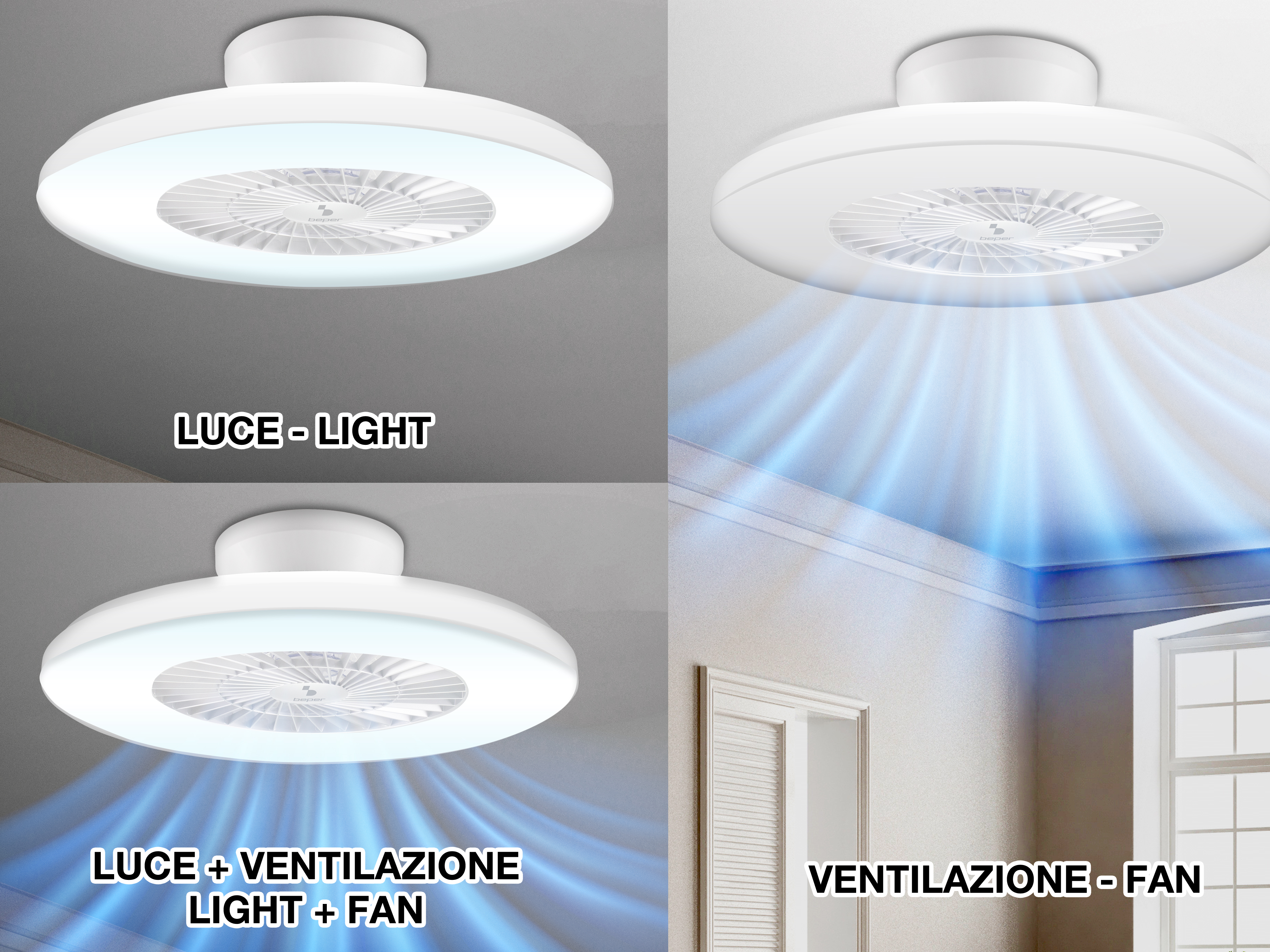 Quattro immagini che mostrano un ventilatore da soffitto con luci in diverse modalità. Il ventilatore è bianco e rotondo.