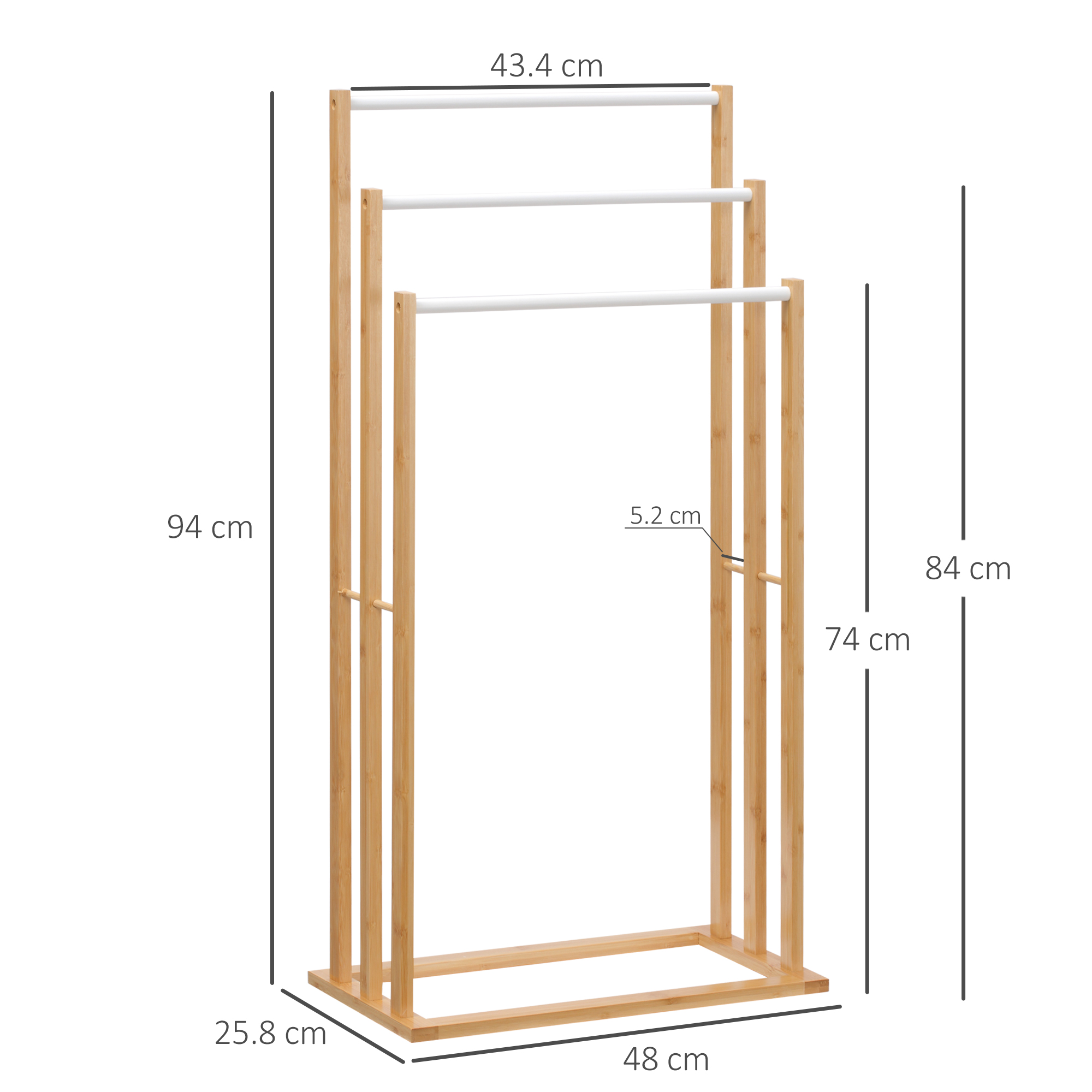 Dimensioni del portasciugamani in legno: 94 cm di altezza, 48 cm di larghezza e 25,8 cm di profondità.