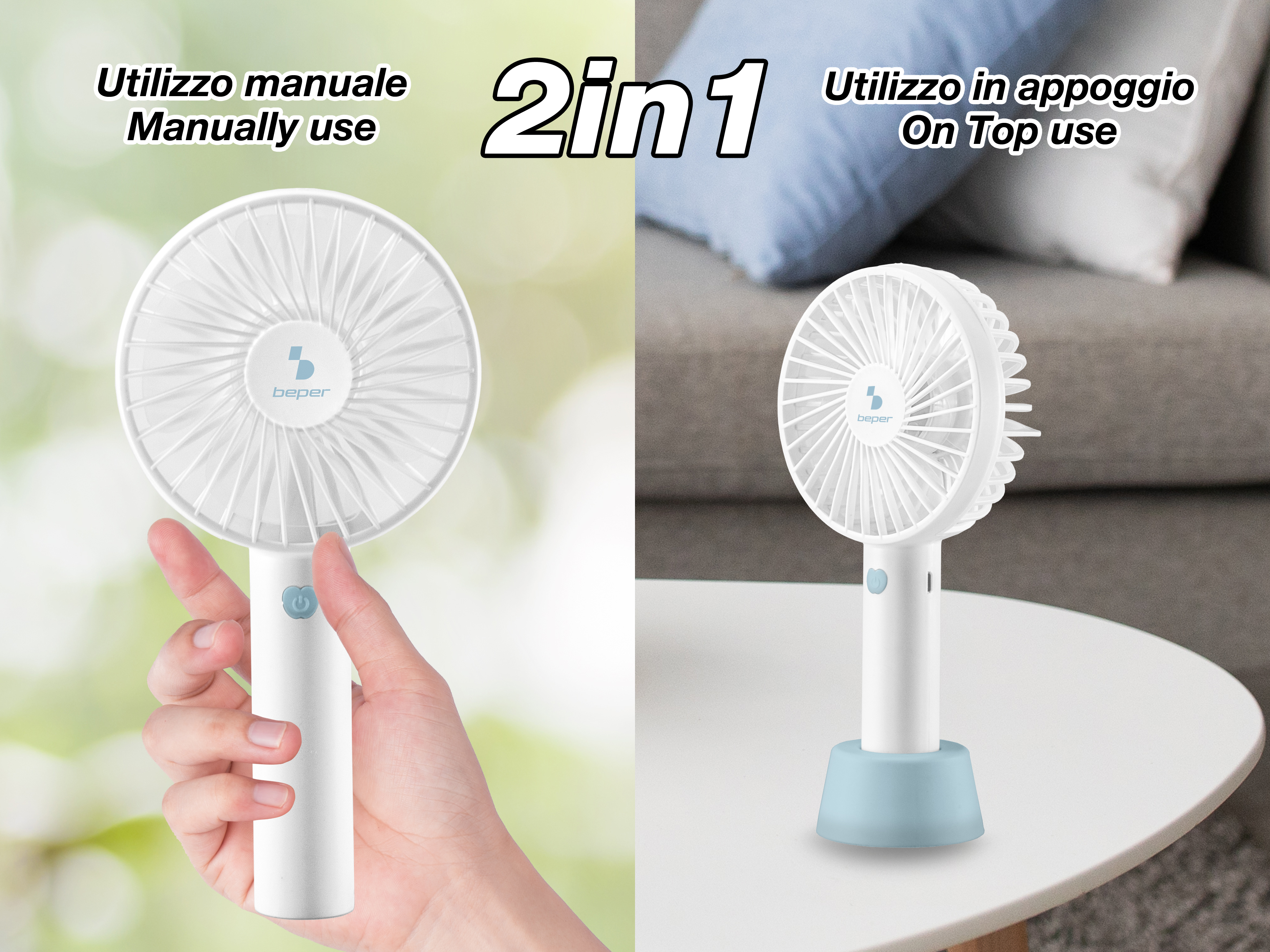 Un ventilatore portatile bianco mostrato in configurazioni portatili e montate su supporto, su sfondi sfocati, con sovrapposizione di testo.