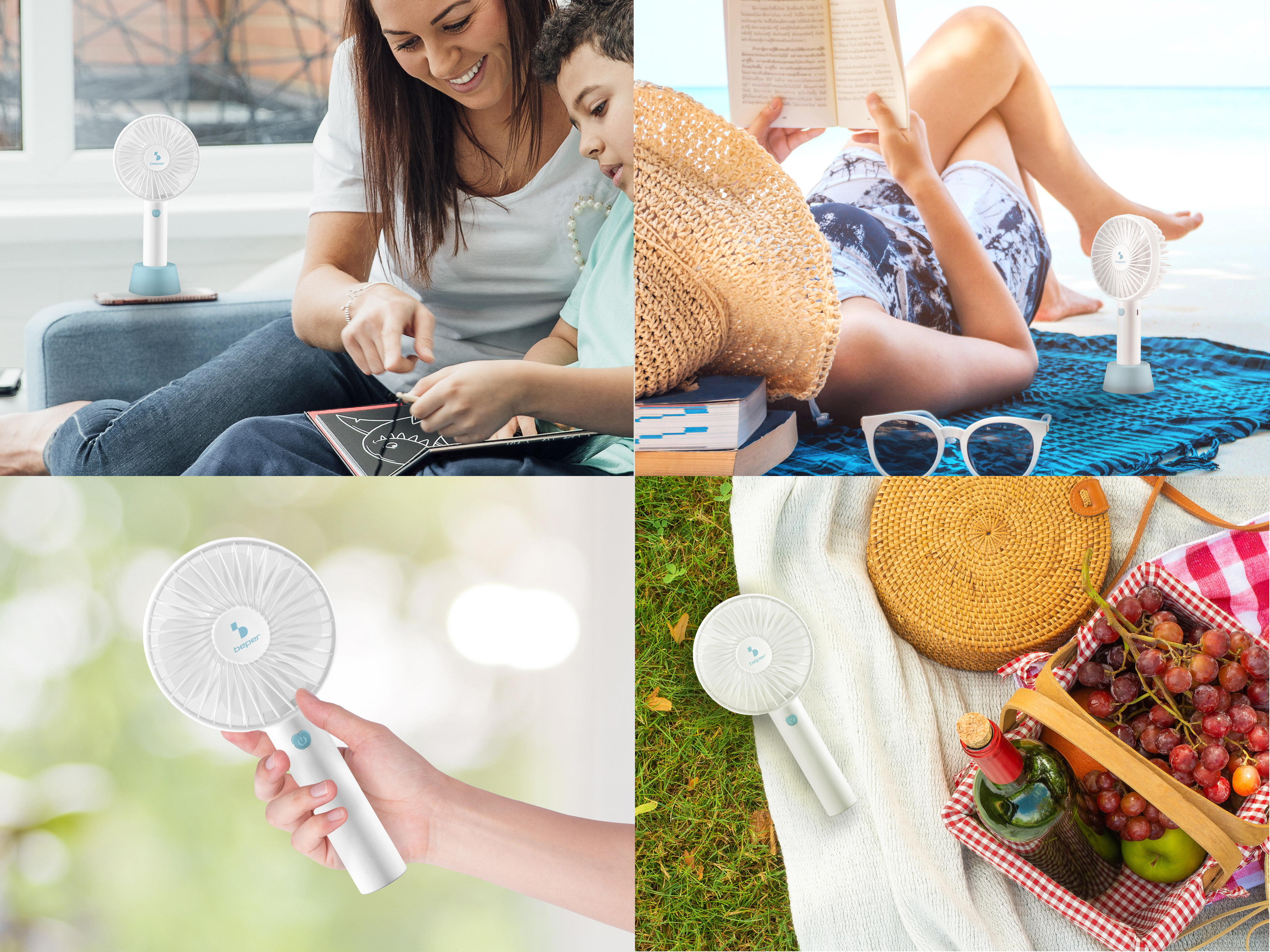 Un collage mostra un ventilatore portatile in uso a casa, in spiaggia e durante un picnic, dimostrandone la versatilità.