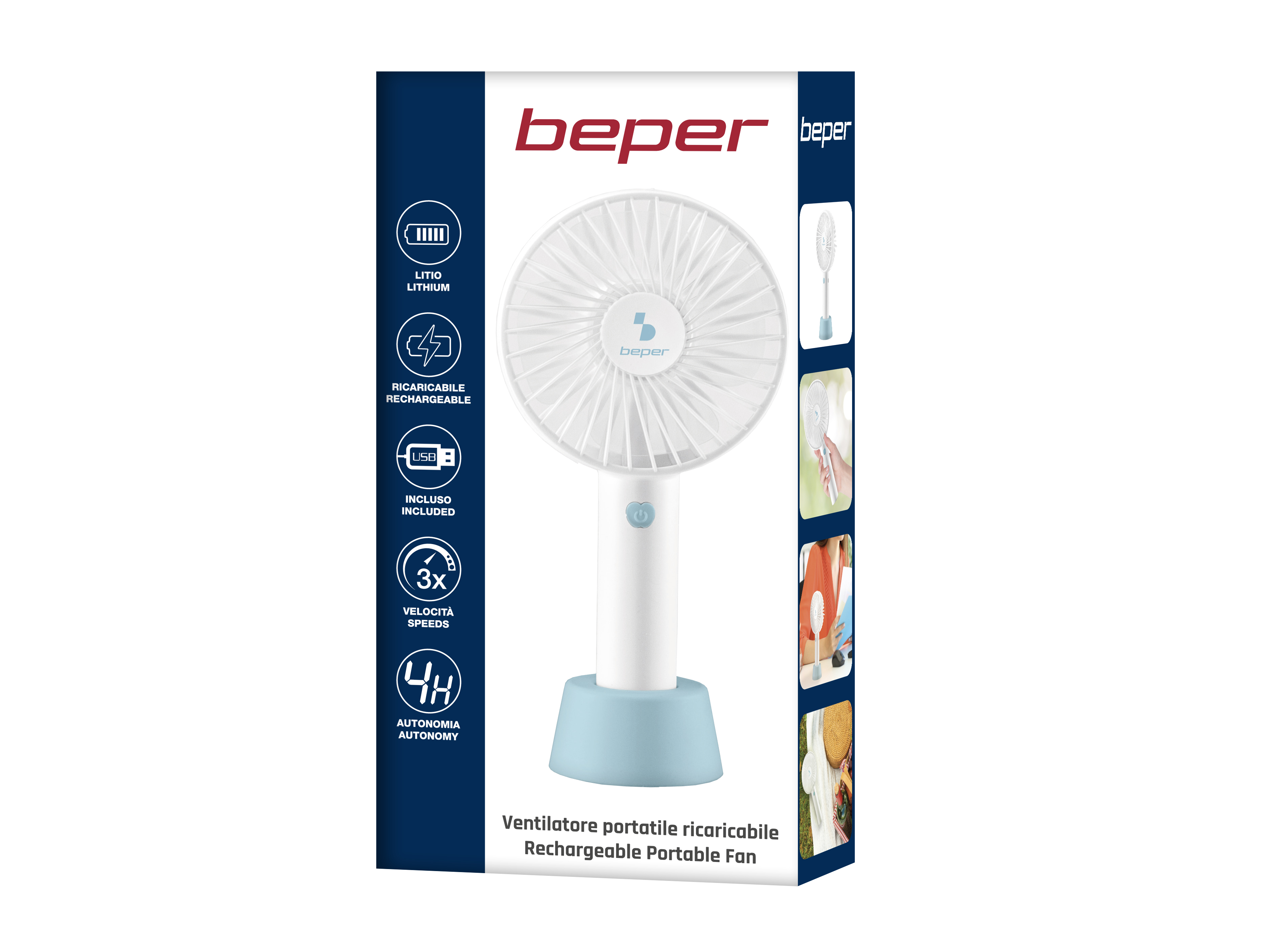 Ventilatore portatile Beper bianco e blu in scatola con icone che mostrano le caratteristiche: batteria al litio, ricaricabile.