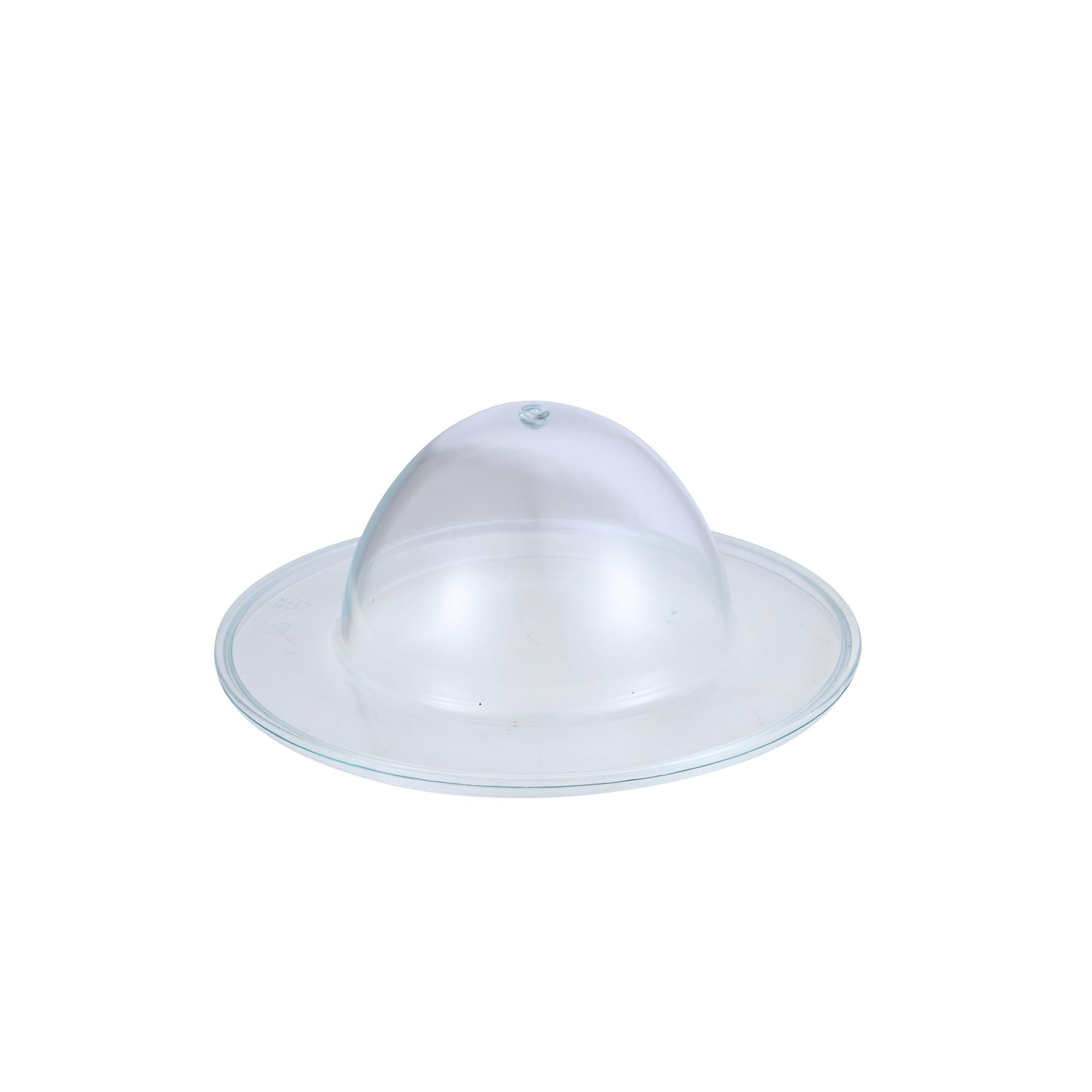 Un objeto transparente de plástico en forma de sombrero invertido con ala ancha.
