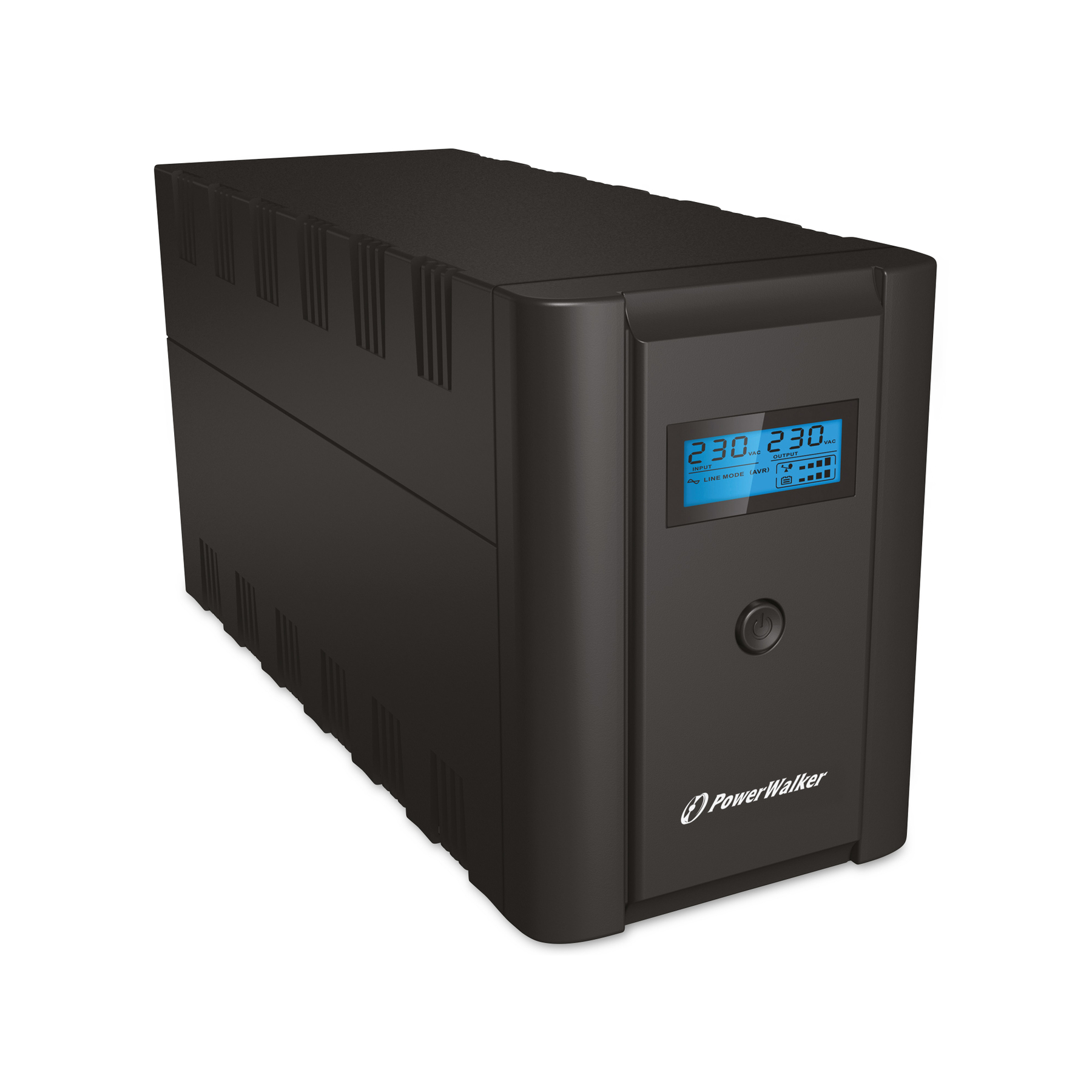 Schwarze PowerWalker USV mit blauem Display, das Spannung anzeigt, und einem Power-Knopf.