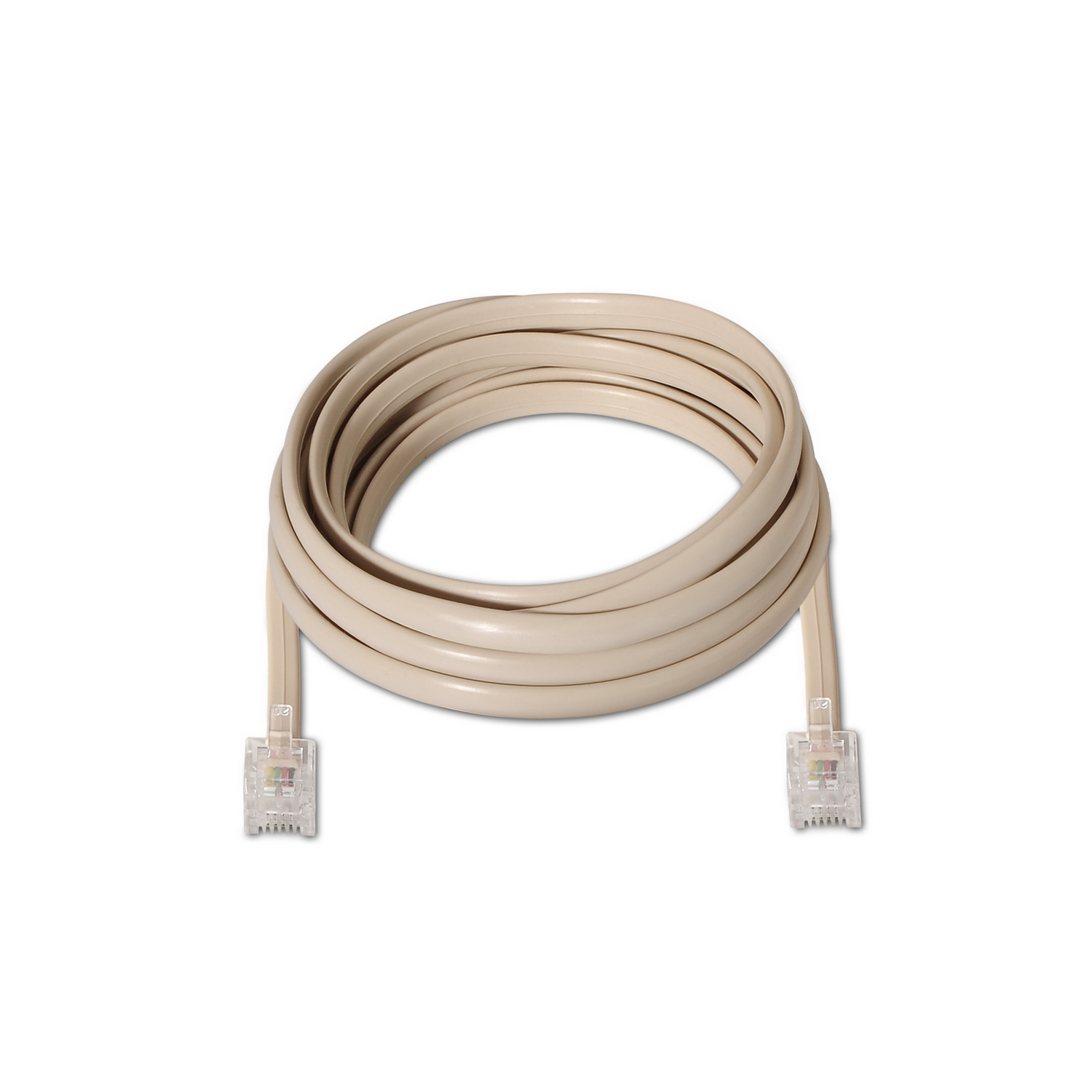 Cable telefónico beige con conectores, enrollado.
