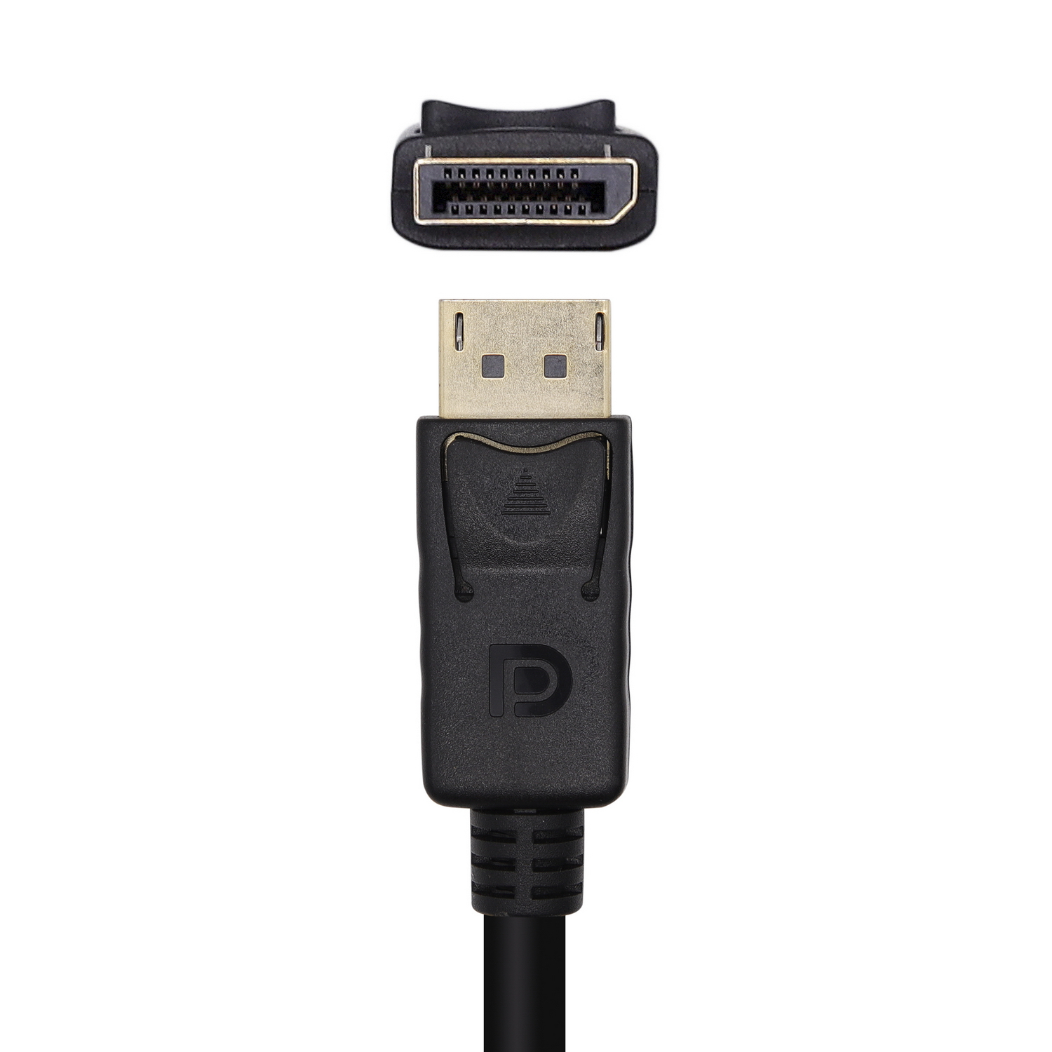 Cavo DisplayPort nero con due connettori. Un connettore è separato, con un logo 'P' sopra.