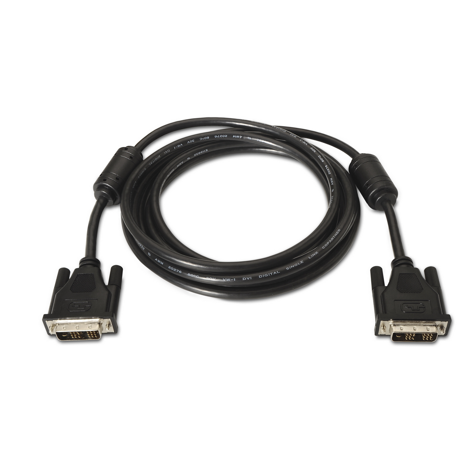 Cable DVI negro con dos conectores. El cable es negro.