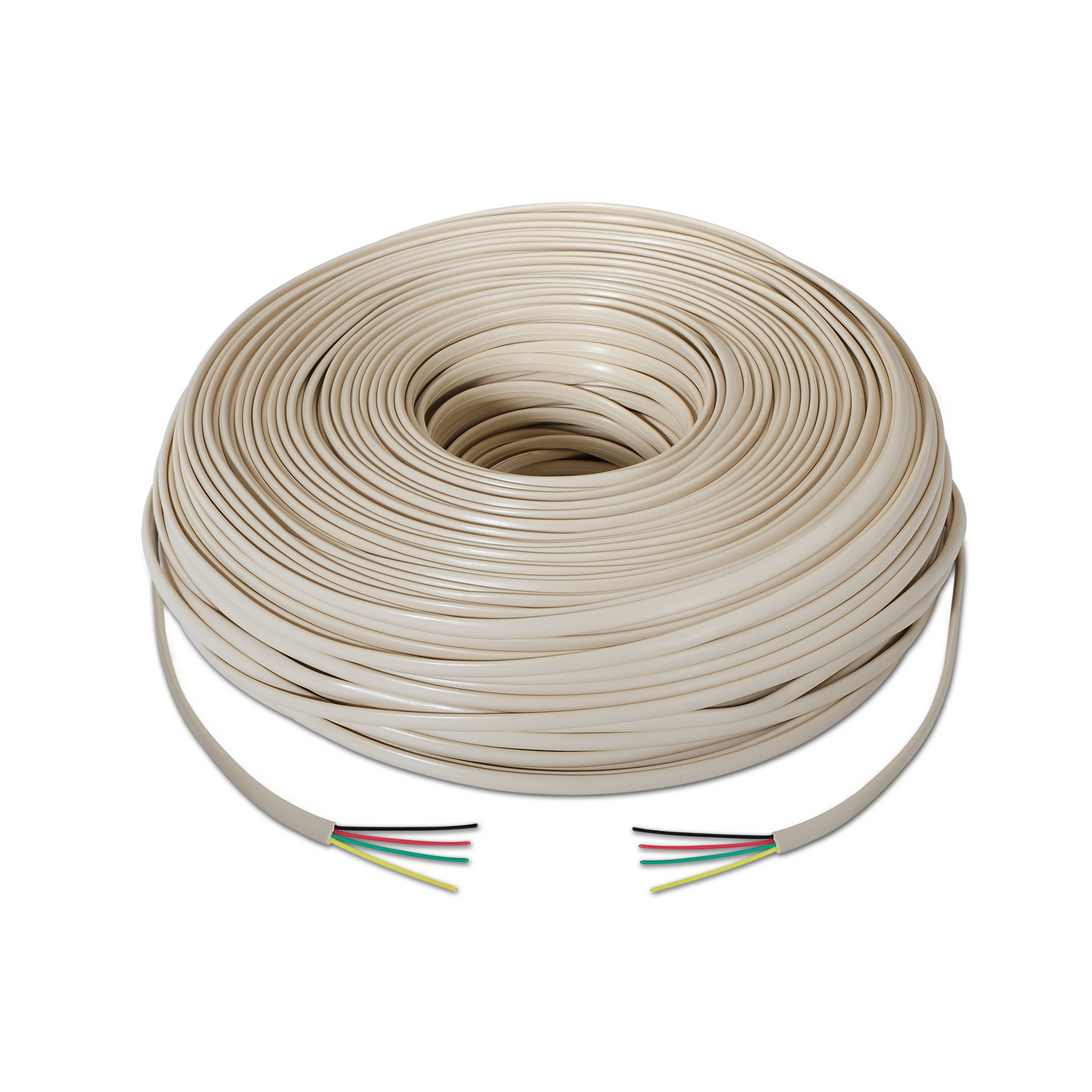Un cable beige enrollado con extremos de cable expuestos, que muestra cuatro cables: negro, rojo, verde y amarillo.