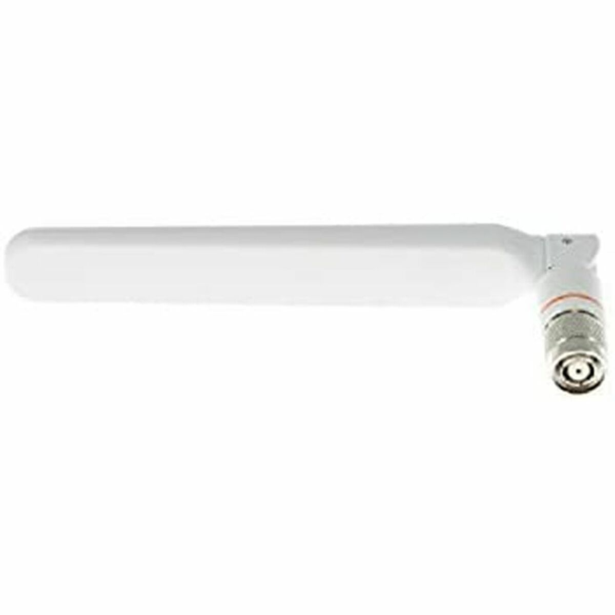 Antena blanca con conector plateado, inclinada, aislada sobre fondo blanco.