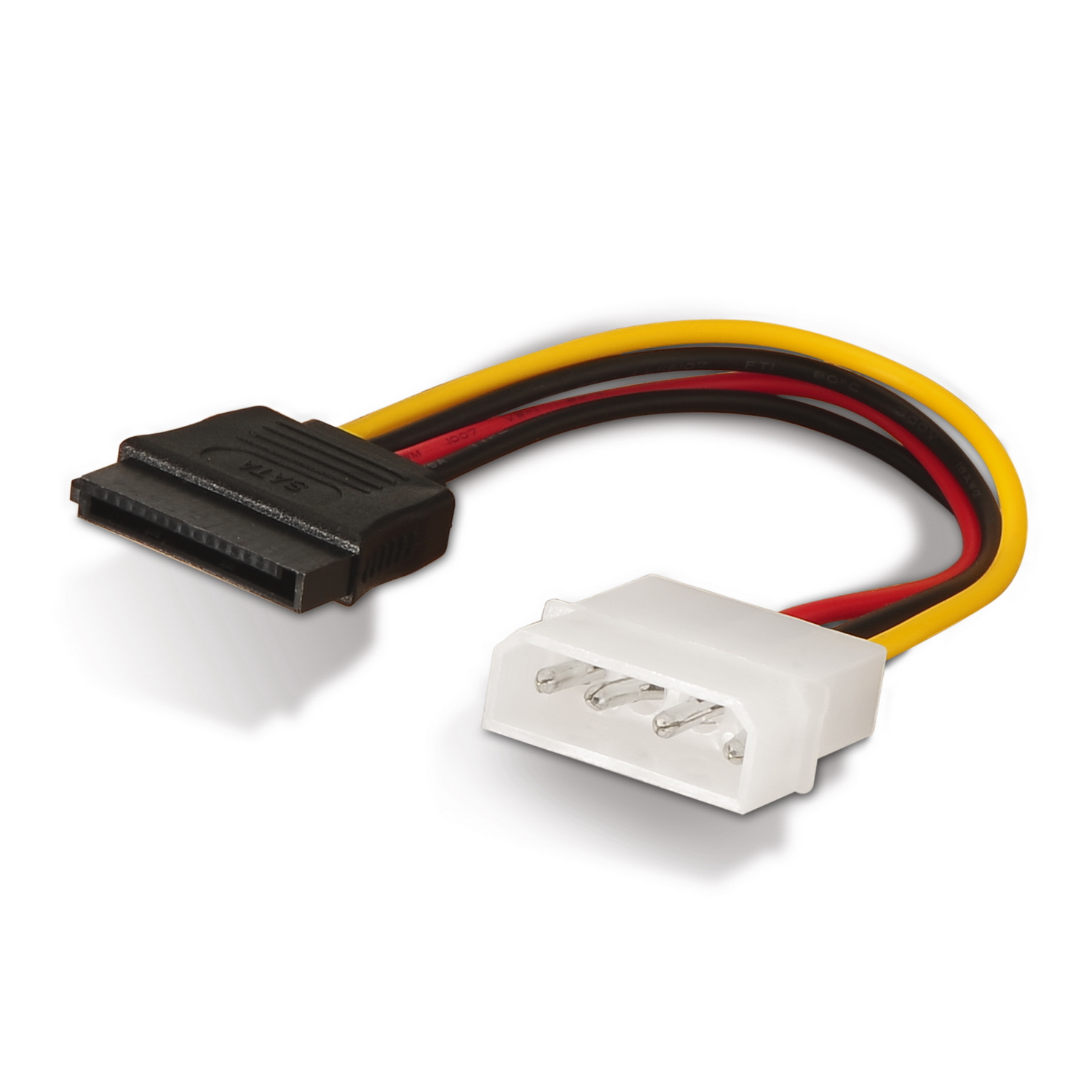 Un adaptador de cable de alimentación SATA con un conector SATA negro y un conector de alimentación blanco.