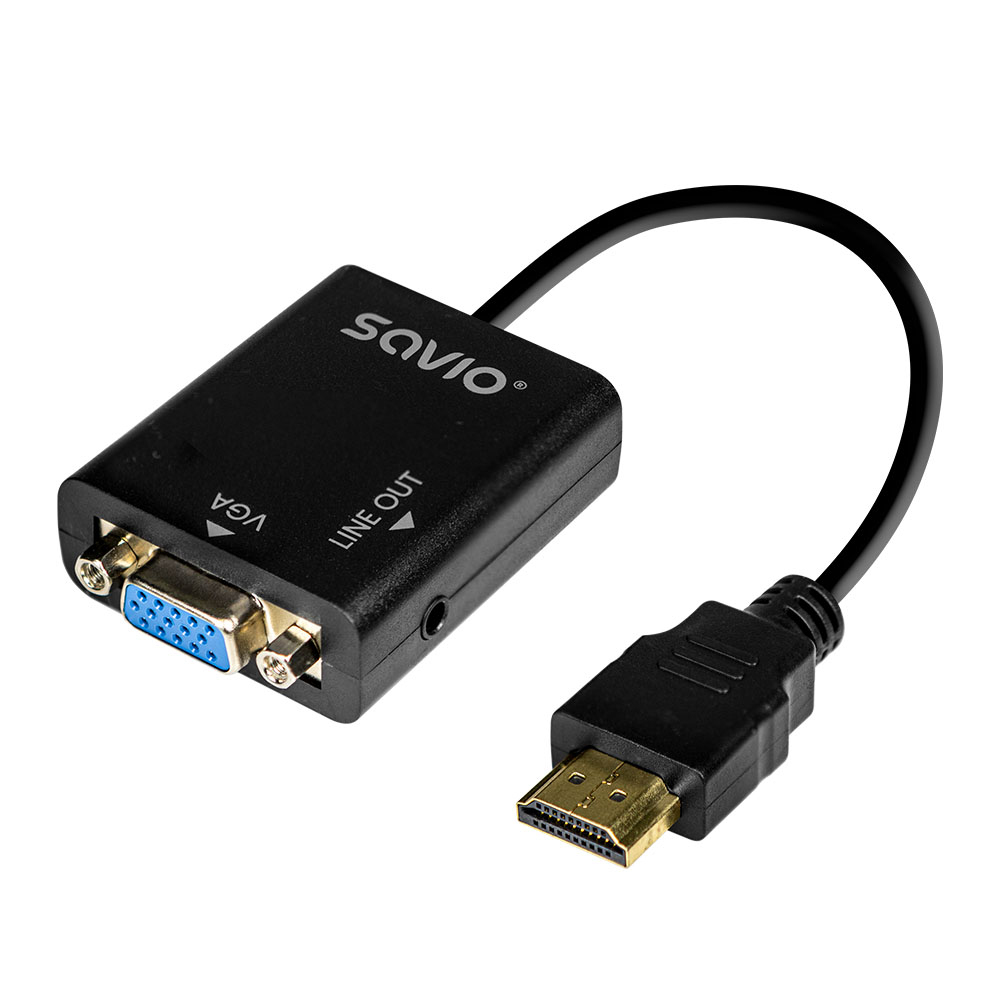 Czarny adapter VGA do HDMI ze złotymi złączami jest izolowany na białym tle, podkreślając jego funkcjonalność.