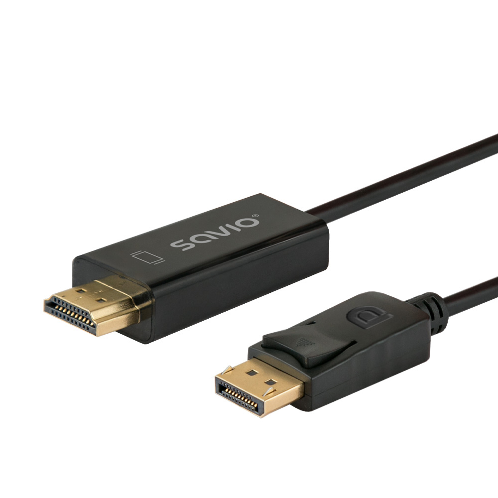 Cable negro HDMI a DisplayPort. Un extremo tiene HDMI, el otro conector DisplayPort.