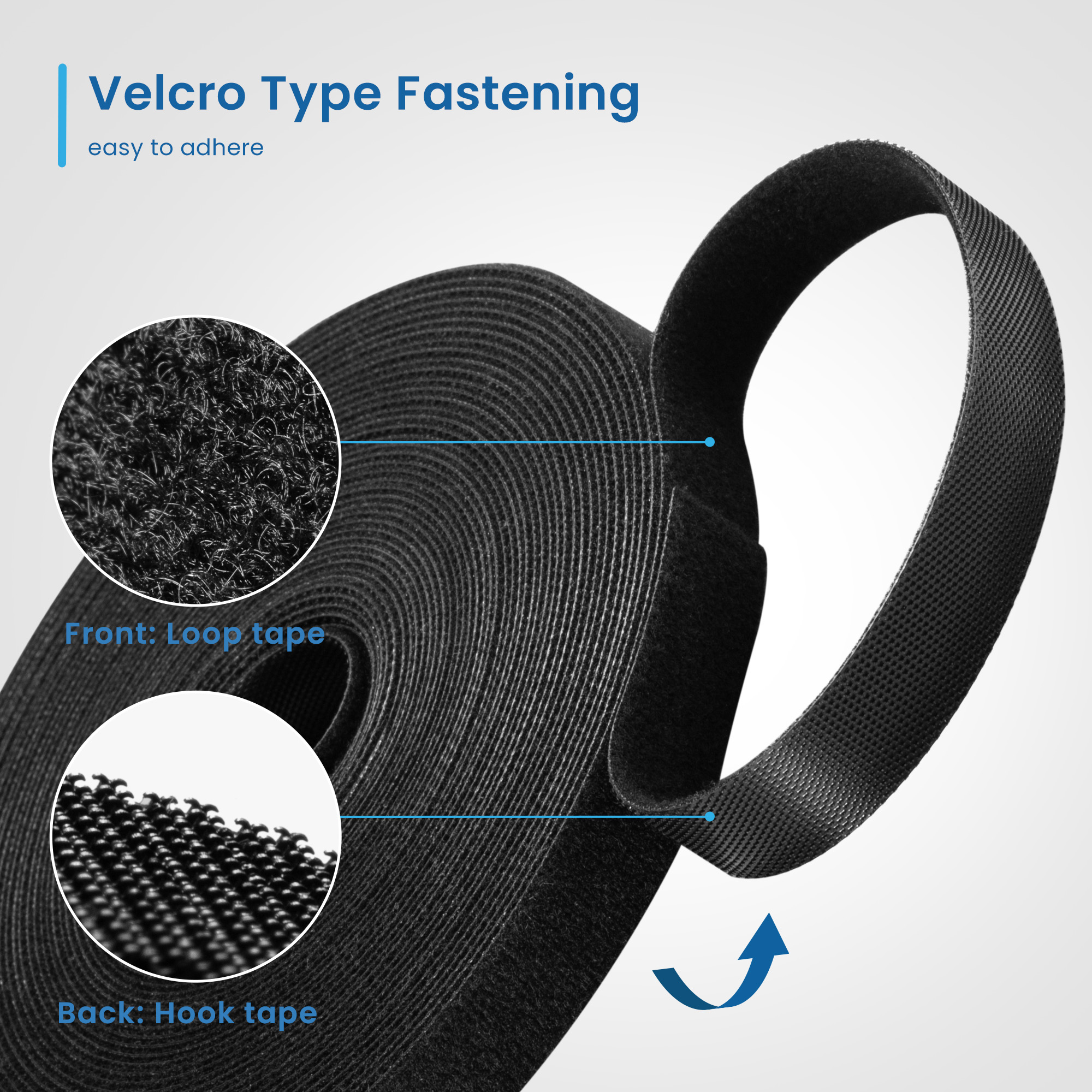 Primo piano di un cinturino in velcro con dettagli dei lati a gancio e ad anello, sfondo blu.