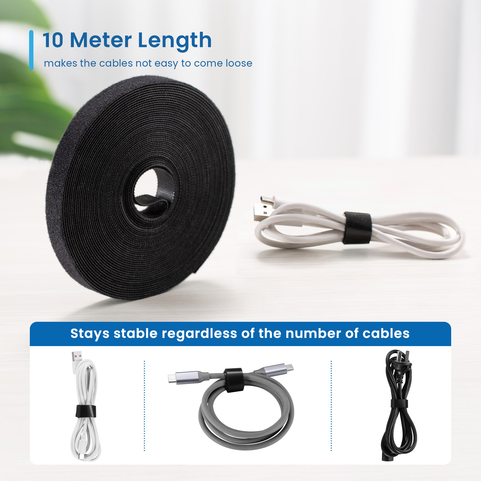 Un rotolo di cinturino in velcro nero ed esempi di utilizzo con cavi. Testo: 10 metri di lunghezza, stabile.