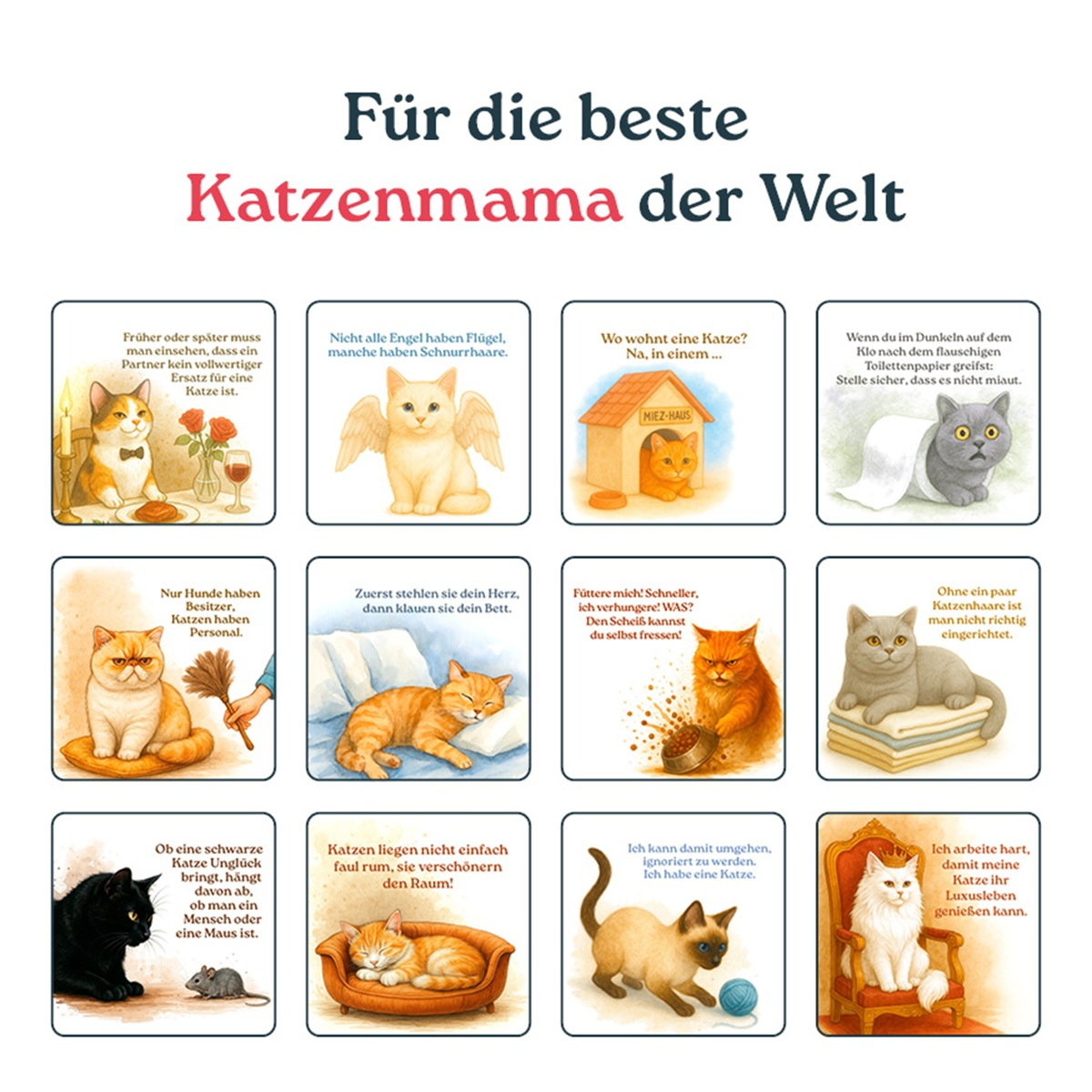 Ein Raster von illustrierten Karten zum Thema Katze mit deutschem Text auf weißem Hintergrund.