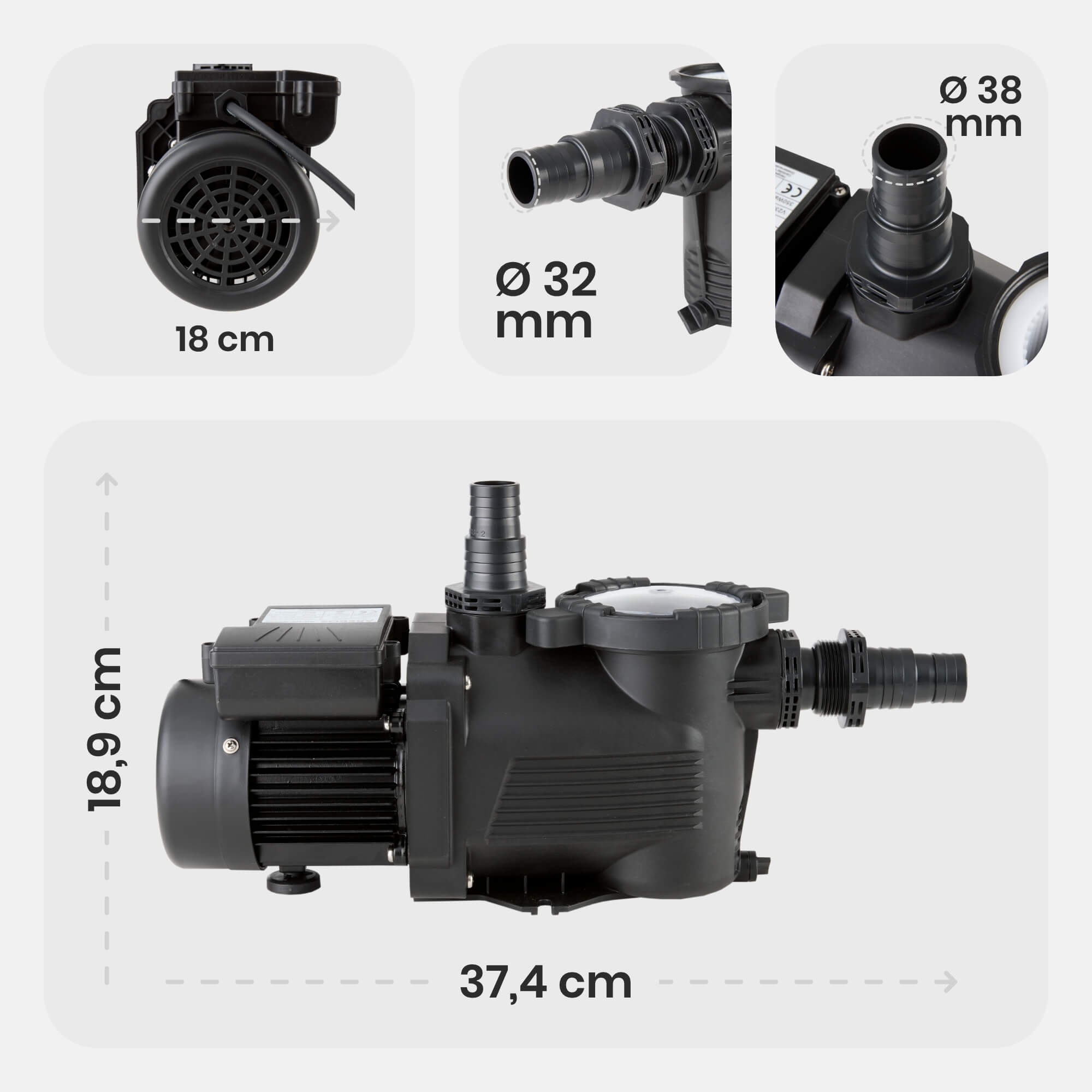Schwarze Pumpe mit Abmessungen, Text und Diagrammen, dargestellt auf hellem Hintergrund.