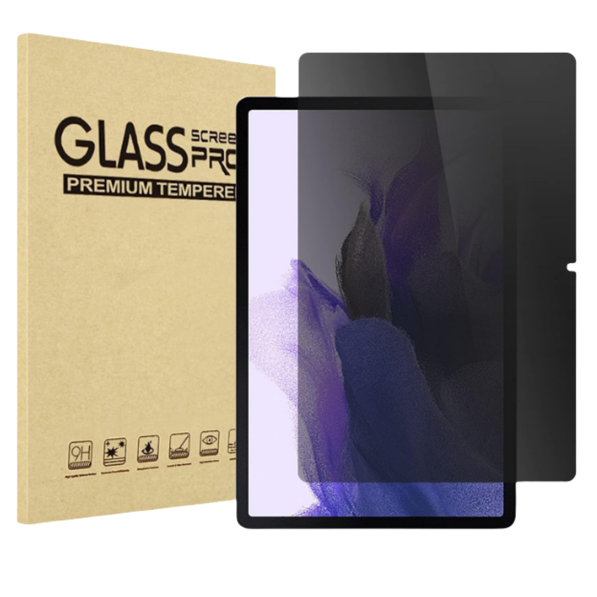 Protector de pantalla de tableta con una caja. Una tableta con su pantalla protegida está al lado.