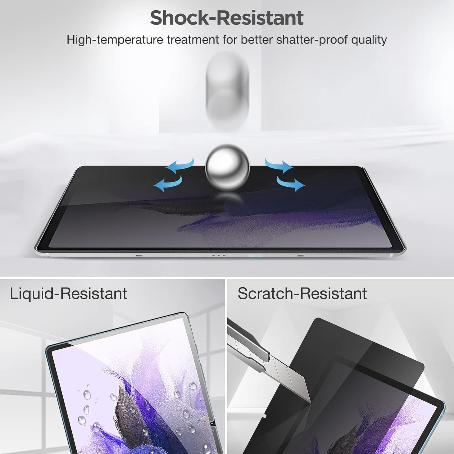 Una tableta con un protector de pantalla, que muestra etiquetas de resistencia a golpes, líquidos y arañazos.
