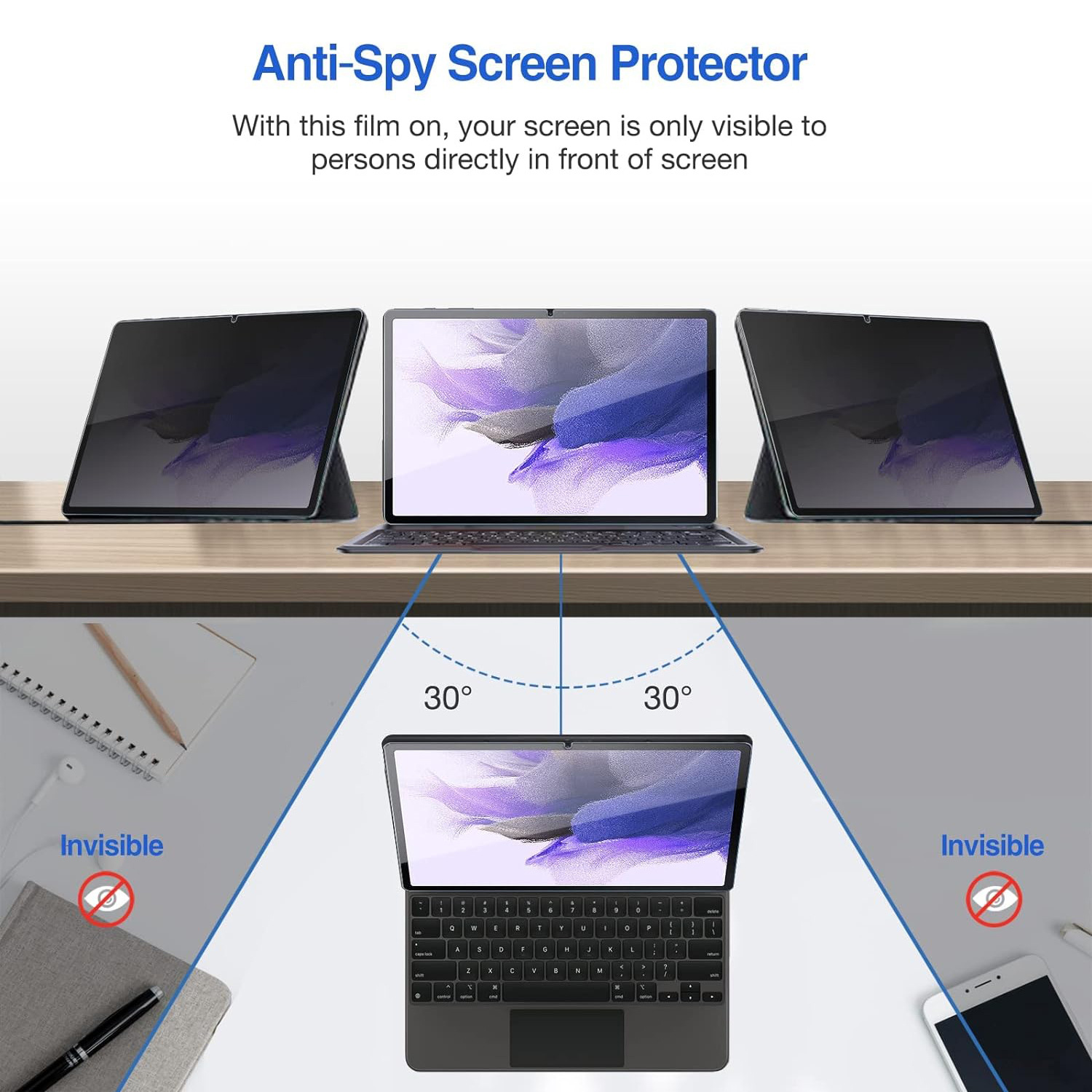Una configuración que muestra tres tabletas con protectores de pantalla anti-espía, con ángulos de visión visibles e invisibles.