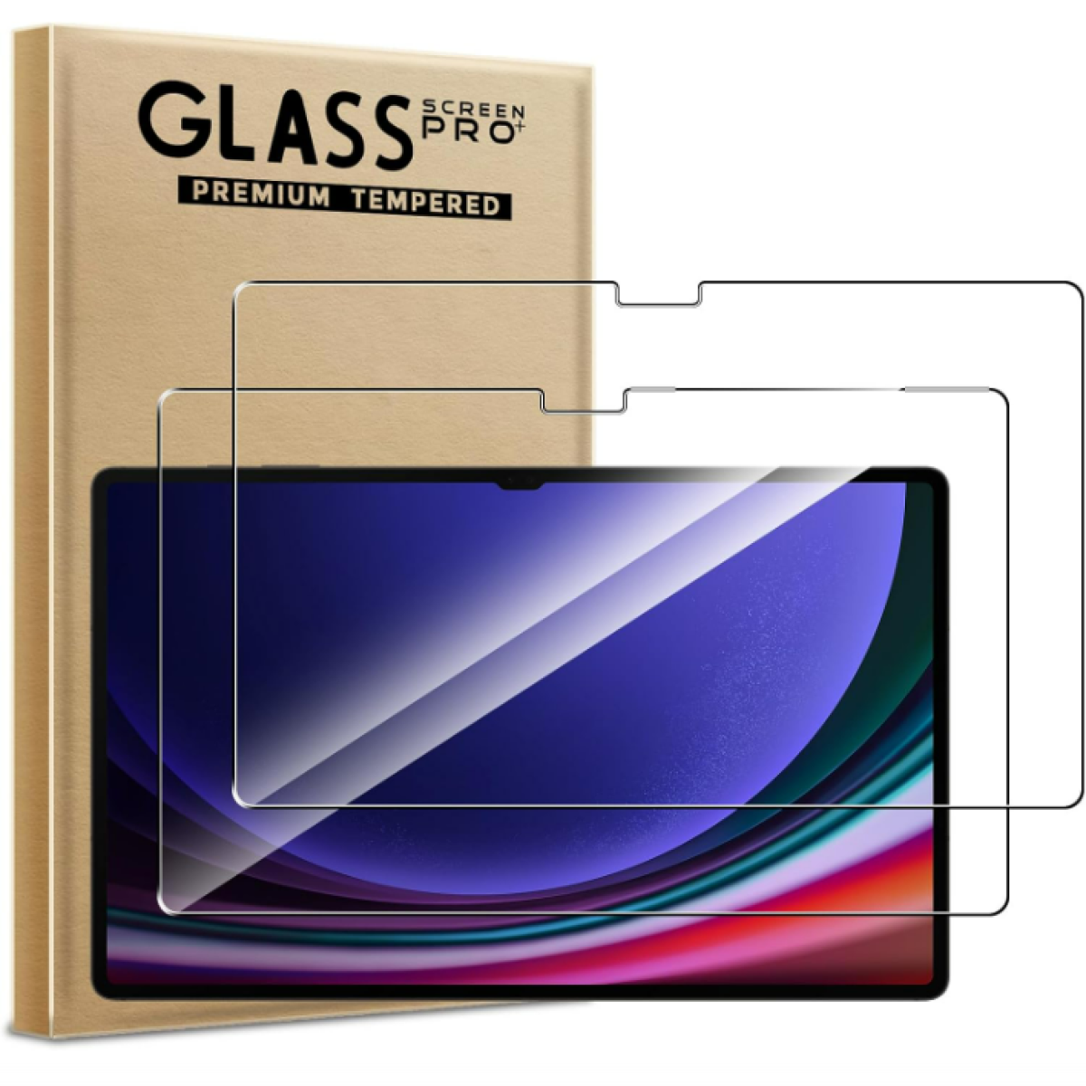 Protectores de pantalla para tablet con caja. Los protectores son transparentes. La caja tiene texto.