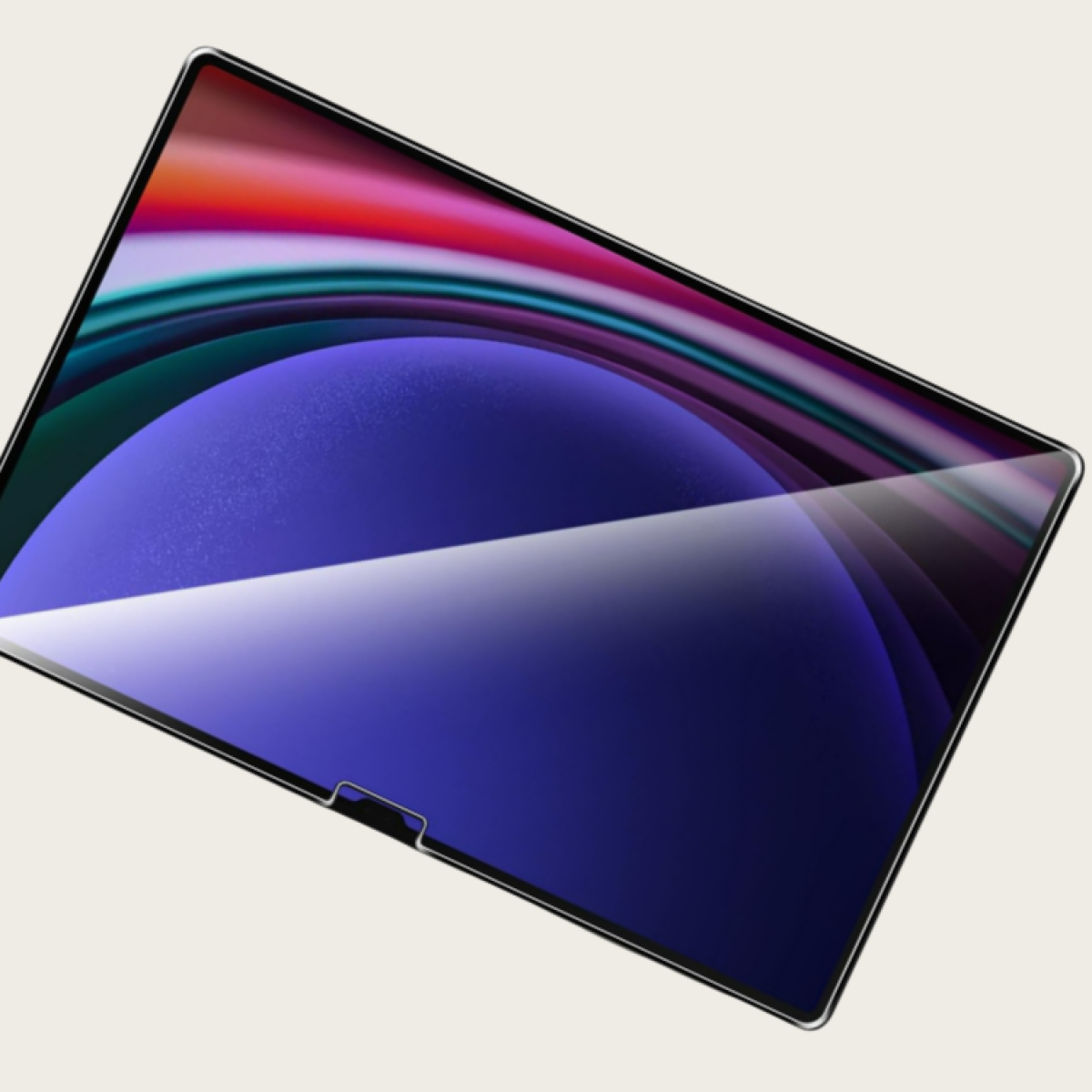 Una tableta con pantalla que muestra un degradado colorido de azules, púrpuras y rojos. Está sobre un fondo beige claro.
