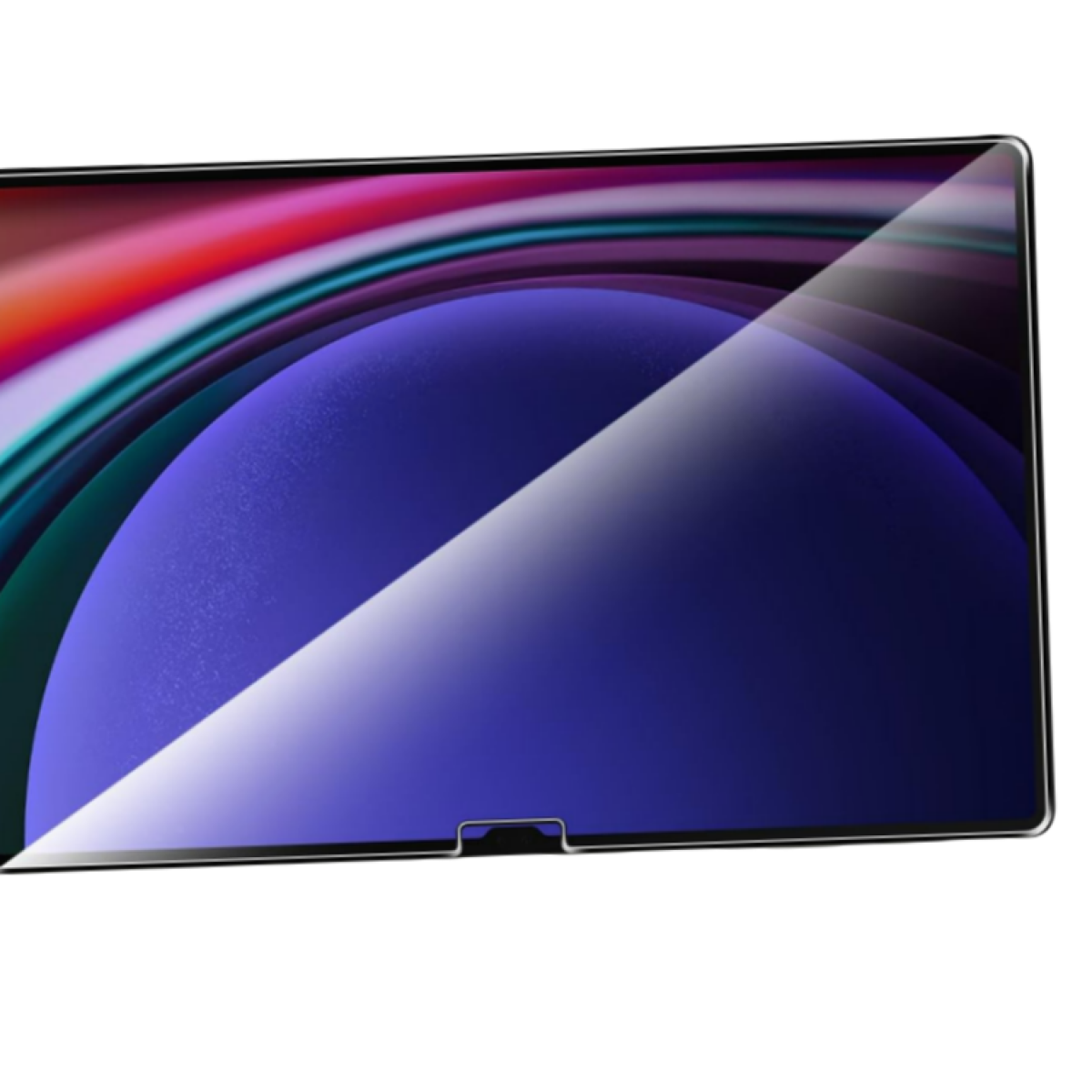 Tableta con protector de pantalla. La pantalla tiene un diseño colorido. El protector es transparente.