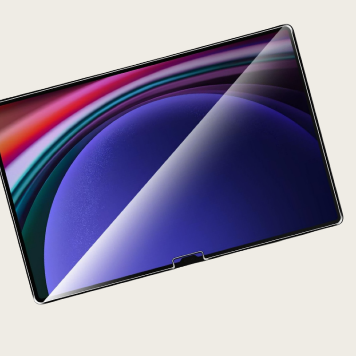 Una pantalla de tableta con un diseño abstracto colorido, ligeramente angulada, contra un fondo neutral.