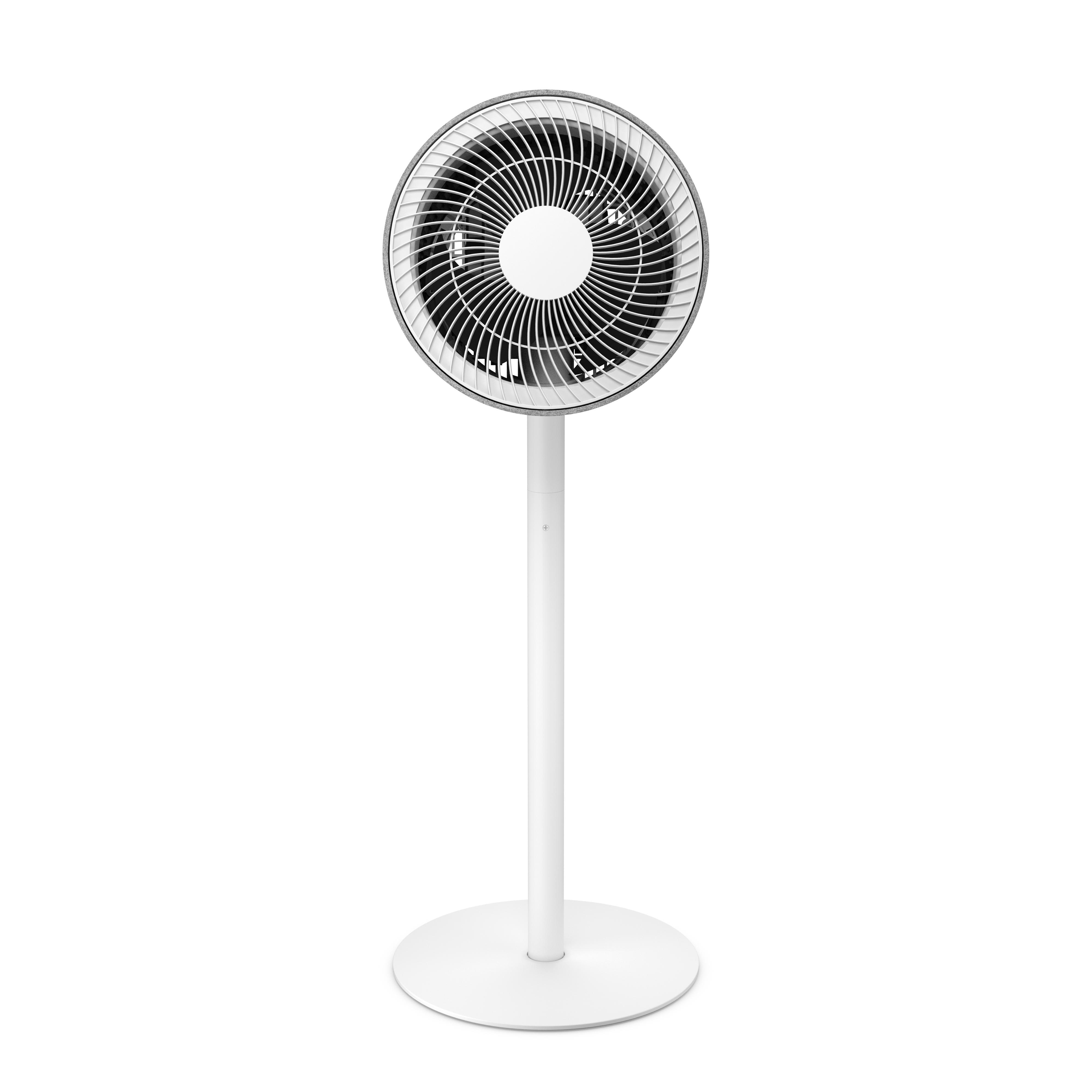Ventilateur blanc avec pales noires sur pied blanc. Tête et base circulaires. Colonne blanche.