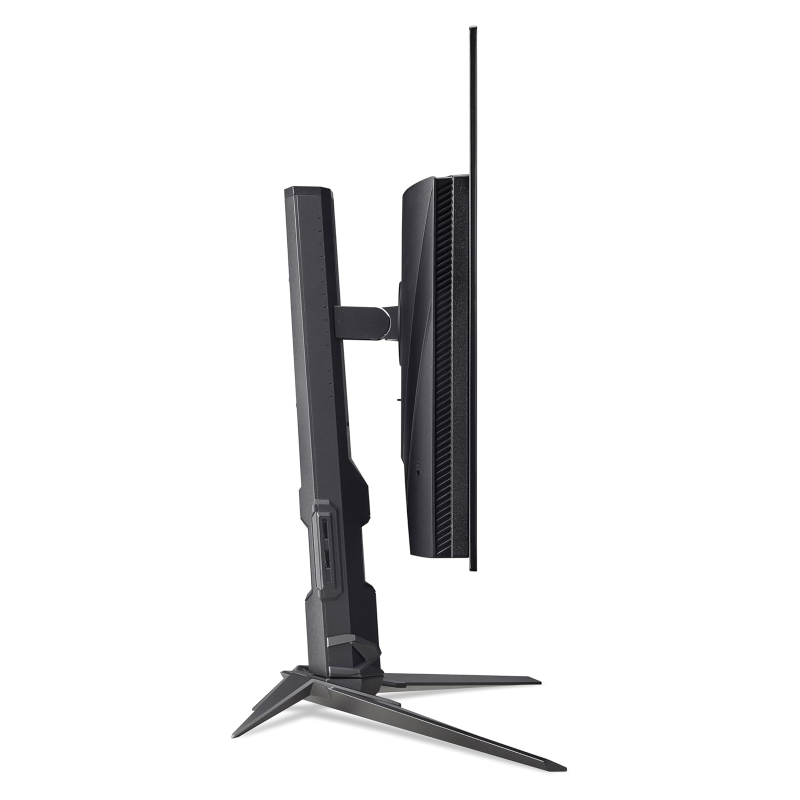 Widok z boku czarnego monitora komputera. Kątowa podstawka. Cienka ramka. Białe tło.