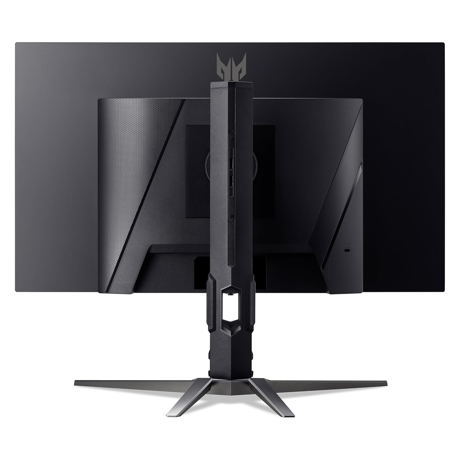 Czarny monitor komputera, widok z tyłu. Czarna ramka i podstawa. Logo Predator.